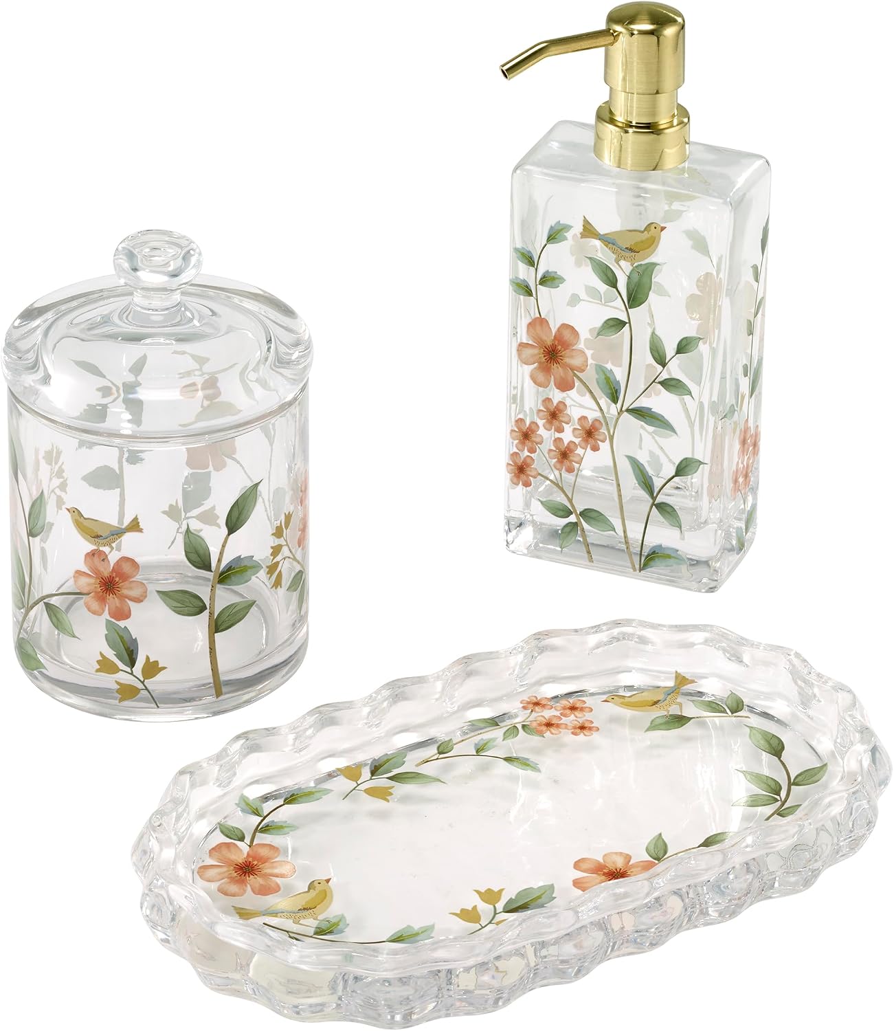 Avanti Linens – Toothbrush Holder, Heavyweight Glass with Gold-Tone Divider and Wrapped Decal Design, Nature-Inspired Home Decor – Perfect for Organizing Bathroom Essentials (Pretty Birds)