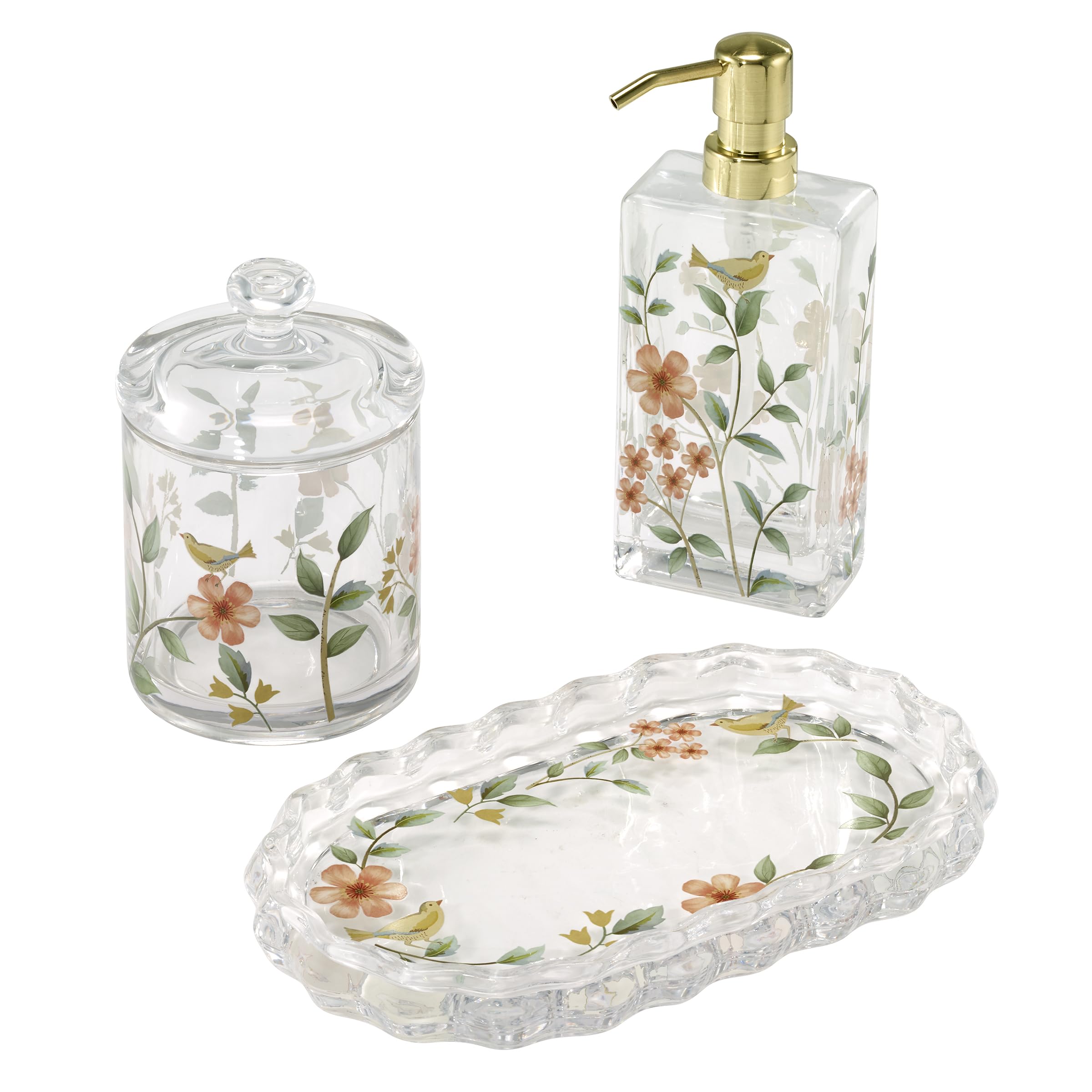 Bocal couvert et distributeur de savon oiseaux pour coiffeuse rangée