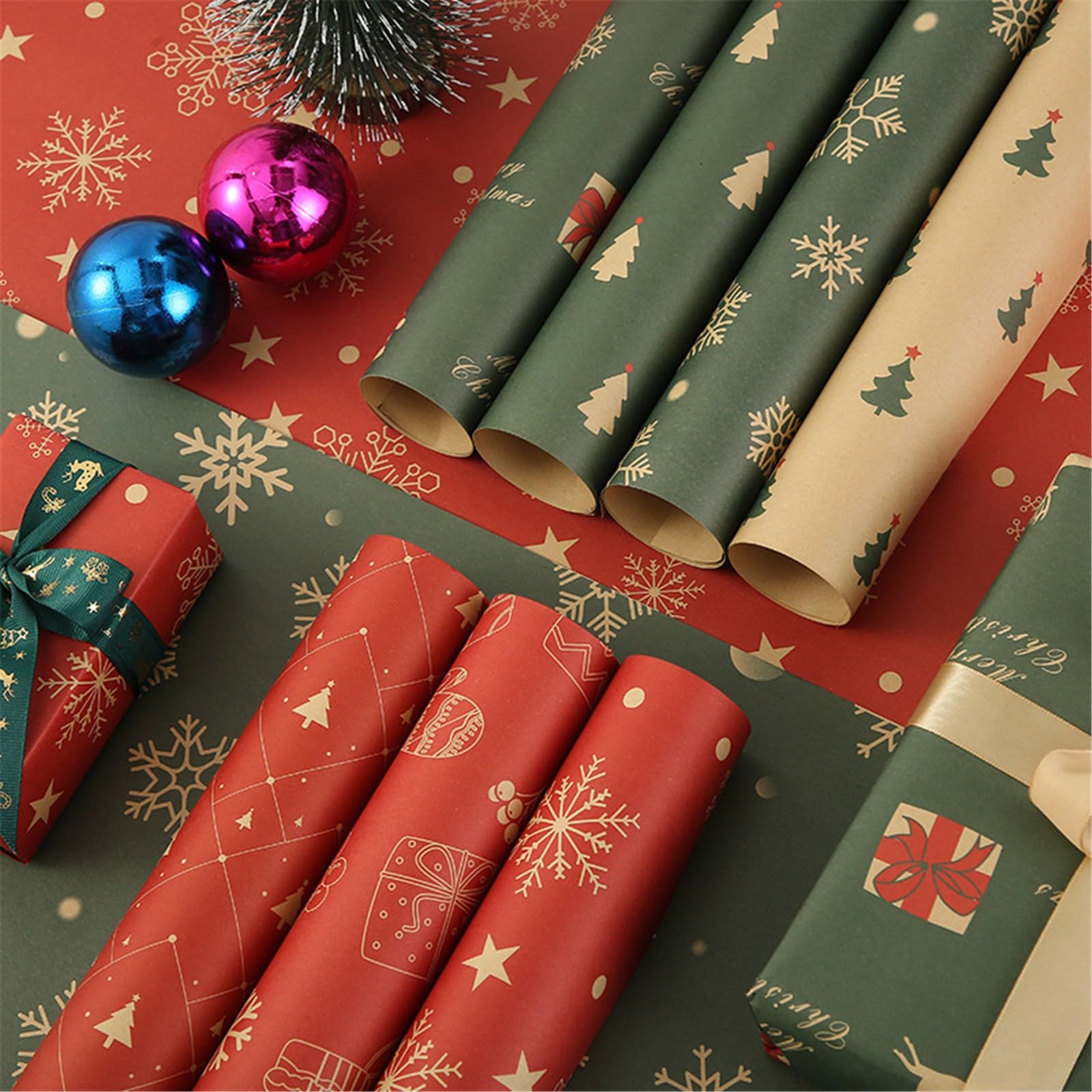 50 cm * 70 cm Świąteczna rolka papieru do pakowania, nadający się do recyklingu czerwony i złoty papier do pakowania prezentów świątecznych, przyjazne dla środowiska torby na prezenty dla rodziny