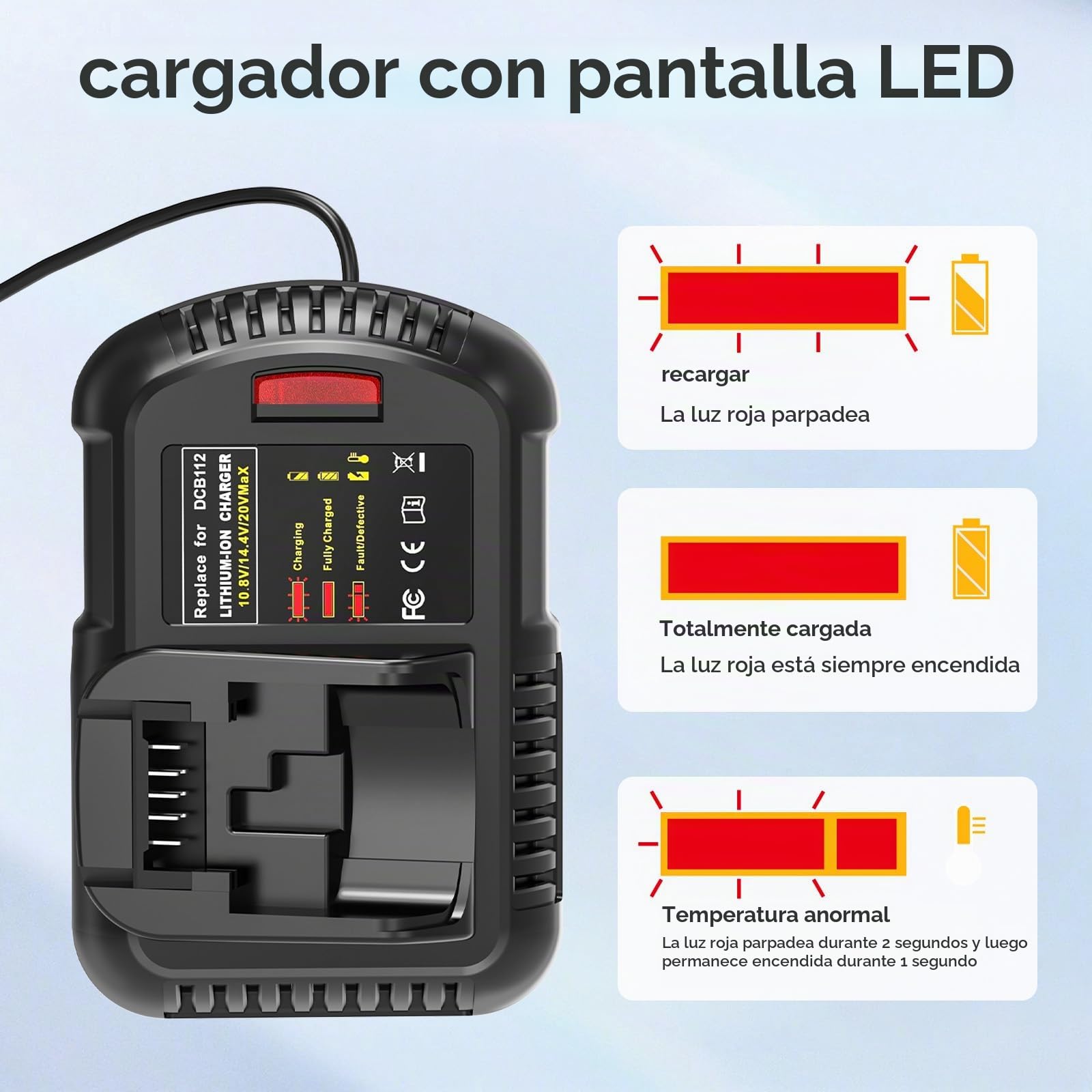 Cargador de batería para DeWalt 10.8V 12V - 18V 20V batería, 2.0A Cargador rápido para DeWalt DCB115 DCB204 DCB205 DCB206 DCB201 DCB120 DCB127