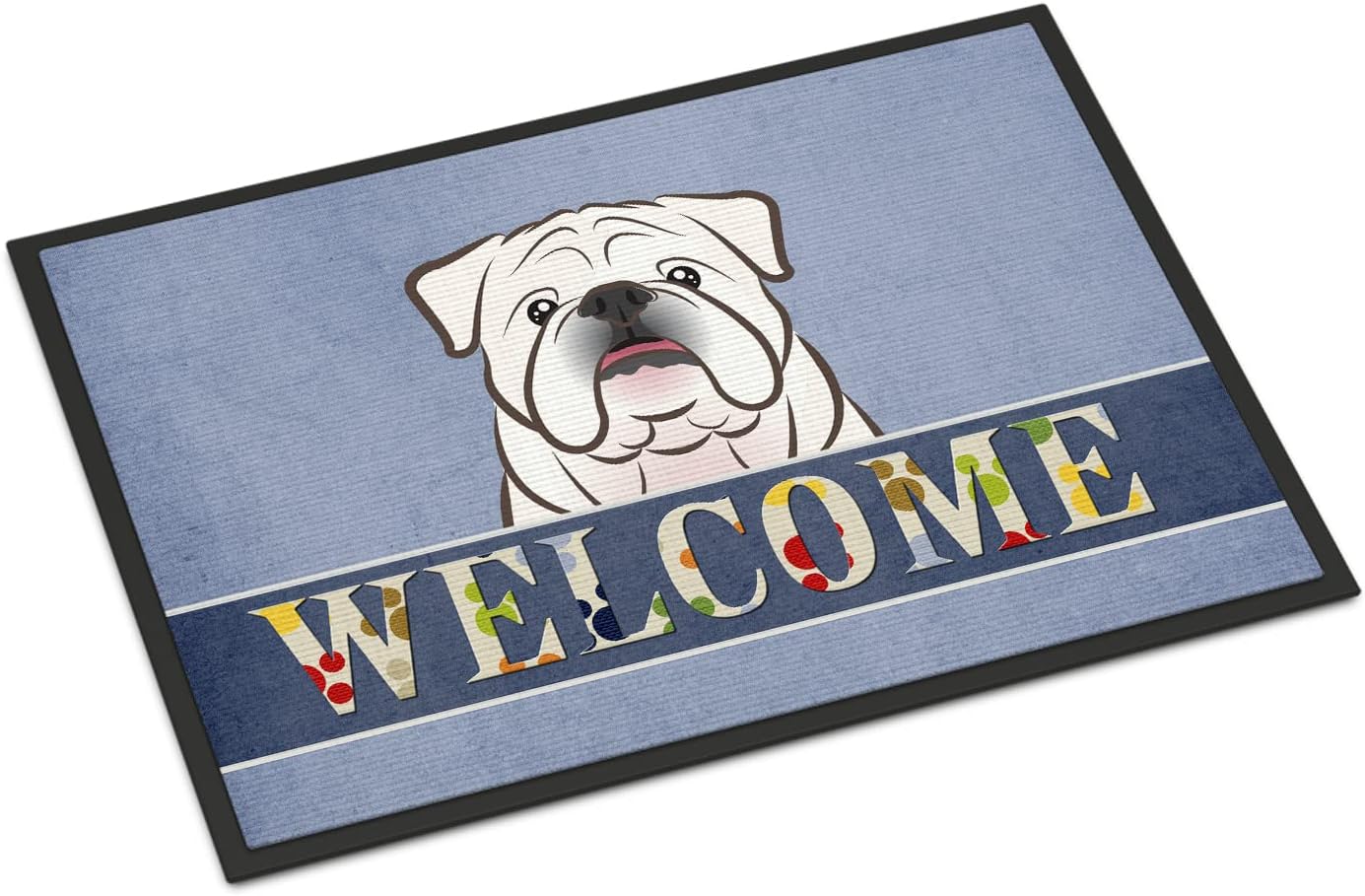 Caroline's Treasures BB1406JMAT White English Bulldog Welcome Doormat 24x36, Blue Front Door Mat Indoor Outdoor Rugs for Entryway, Non Slip Washable Low Pile, 24H X 36W