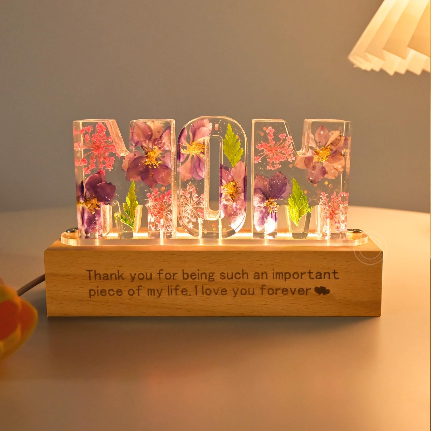 Gift for Mom Dry Flower Night Light Lamp for Mother's Day from Son Daughter Dried Pressed Flower Letter Led Light Christmas Mom Birthday Gift Home Bedroom Decor