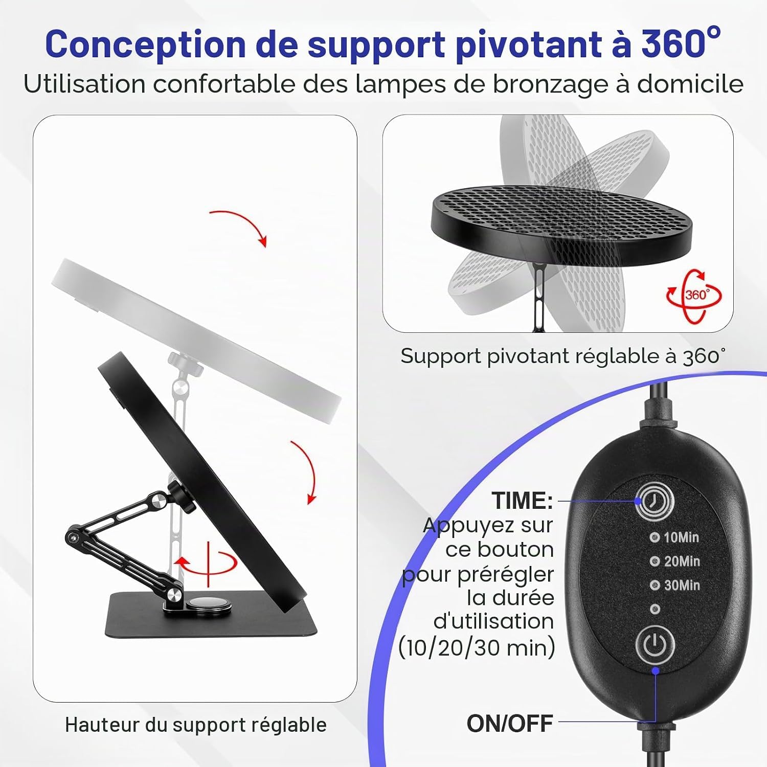 Lampe de bronzage LED 50 W pour la maison, 460 NM avec 250 LED, réglable à 360 °, pour le visage et le corps entier avec minuterie, noire
