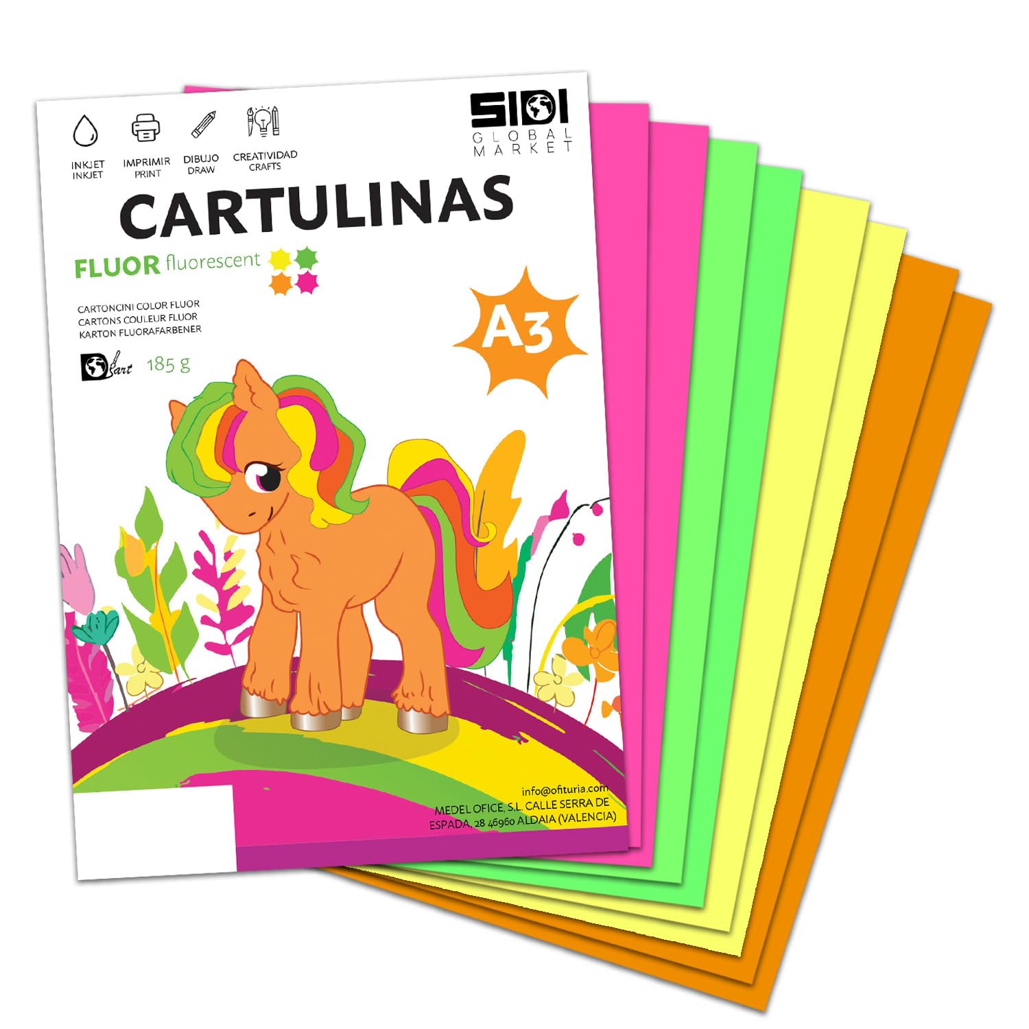 Cartulina A3 Fluor 185 g Cartulina Fluorescente de Colores Neon para Manualidades, Scrapbooking, Impresora Inkjet y Láser, Pack Variado Alta Visibilidad – SIDI (fluor, 25h)