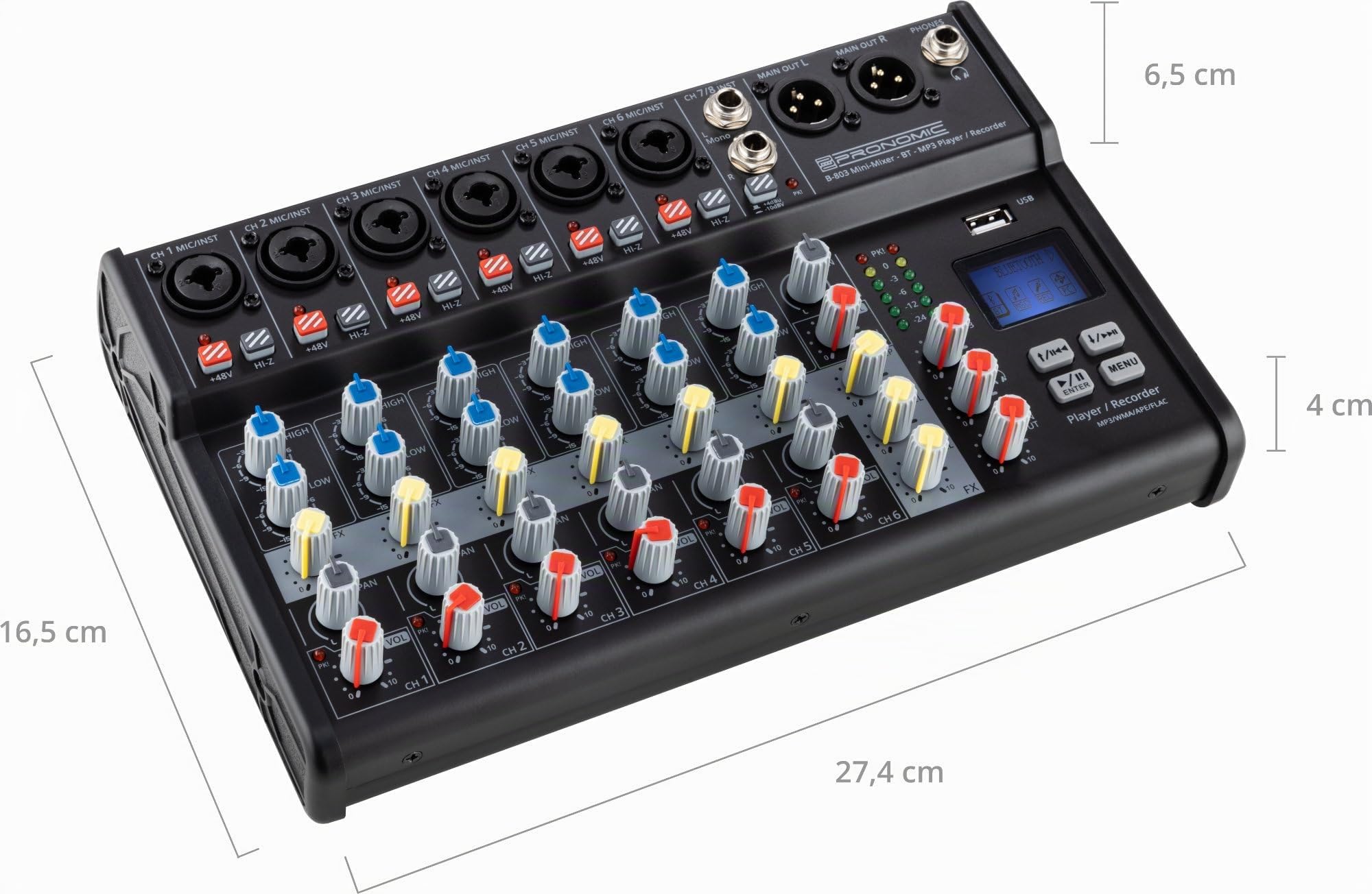 Pronomic B-803 Mini-Mixer mit Bluetooth und USB-Recording, 3mm Klinke | Kompakter 8-Kanal Mixer, 6 Mono-Kanäle mit symmetrischem XLR/Klinke-Eingängen, 1 Stereo-Kanal mit Klinke-Eingängen, 45 kg