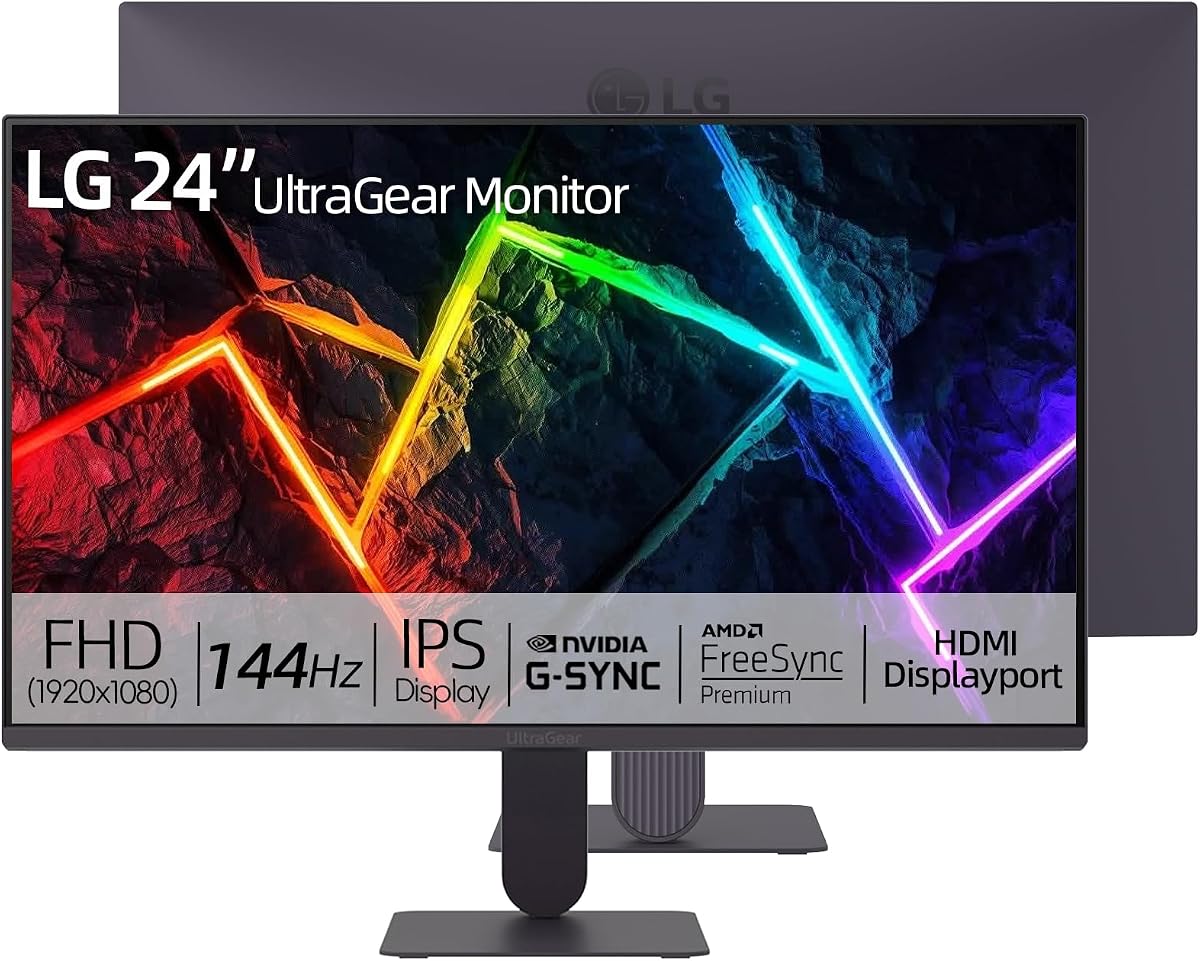Monitor para juegos LG Ultragear FHD de 24", pantalla IPS, frecuencia de actualización de 144 Hz, MBR de 1 ms, HDR10, gama de colores sRGB del 99 %, compatible con NVIDIA G-SYNC, AMD FreeSync, HDMI, DisplayPort, montaje en florero, inclinación, negro