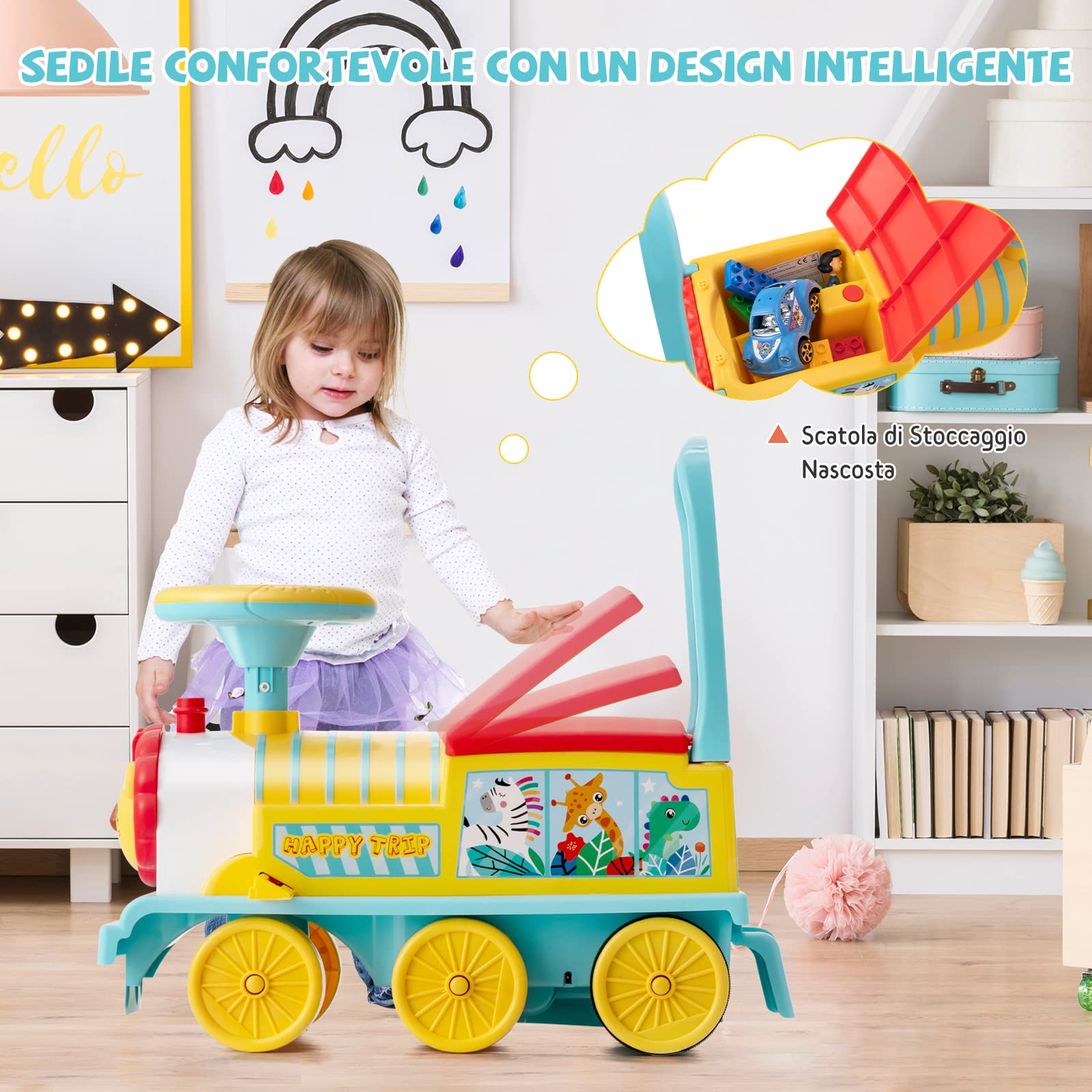 COSTWAY Trenino Elettrico per Bambini, Treno Giocattolo con 16 Pezzi di Binari, con Luci e Suoni, Scatola di Stoccaggio, Regalo per Bambini Anni 3+ (Blu)
