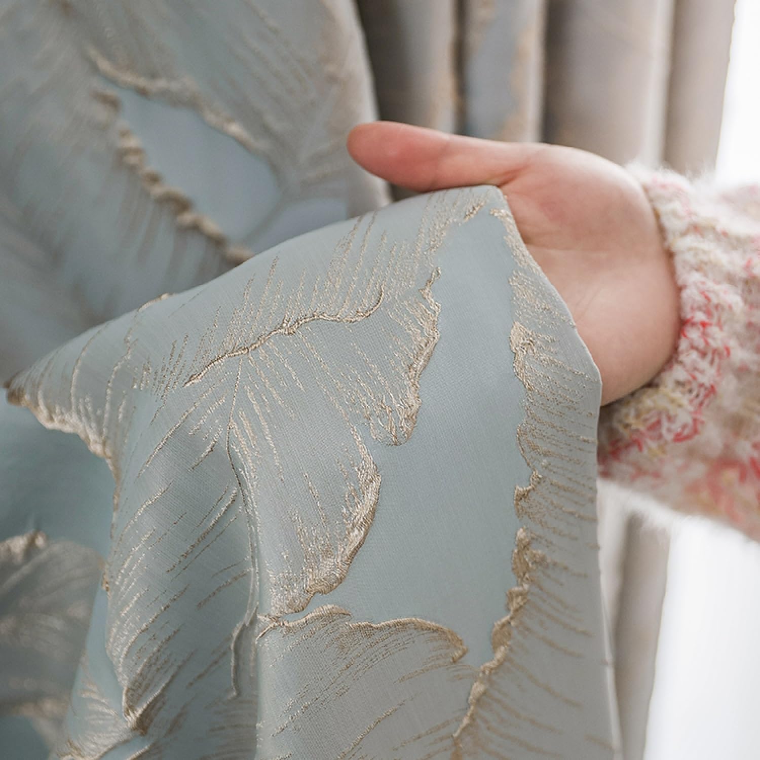 Luxury Curtains Beige Jacquard Drapes 3D Gold Leaf 84 Inches Long High Precision Curtains for Living Room 2 Panels for Bedroom Grommet Top (Beige, 54 * 84)