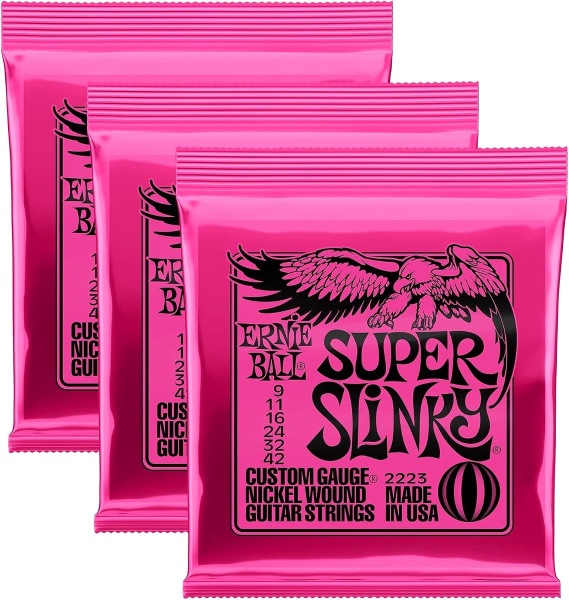Ernie Ball 2223 Níquel Super Slinky Rosa Cuerdas de guitarra eléctrica Paquete de 3