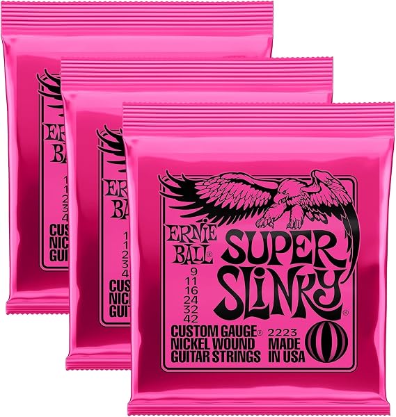Ernie Ball Nickel Super Slinky Pink Electric Guitar Strings 3 Pack