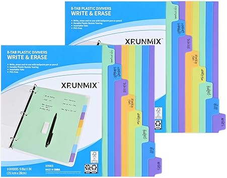 8-Tab Binder-Dividers with Tabs, Write & Erase Divider Tabs for 3 Ring Binders with 3 Holes 8 Pastel Colors, 16pcs, (8 Tabs-2 Pack)