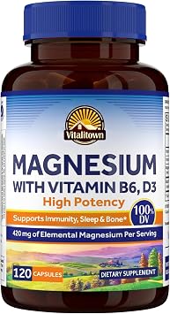 Vitalitown Magnesium with Vitamin B6, D3, Magnesium Citrate, 100% Daily Value, Buffered, Gentle on Stomach, Sleep, Bone, Energy, Non-GMO, 120ct