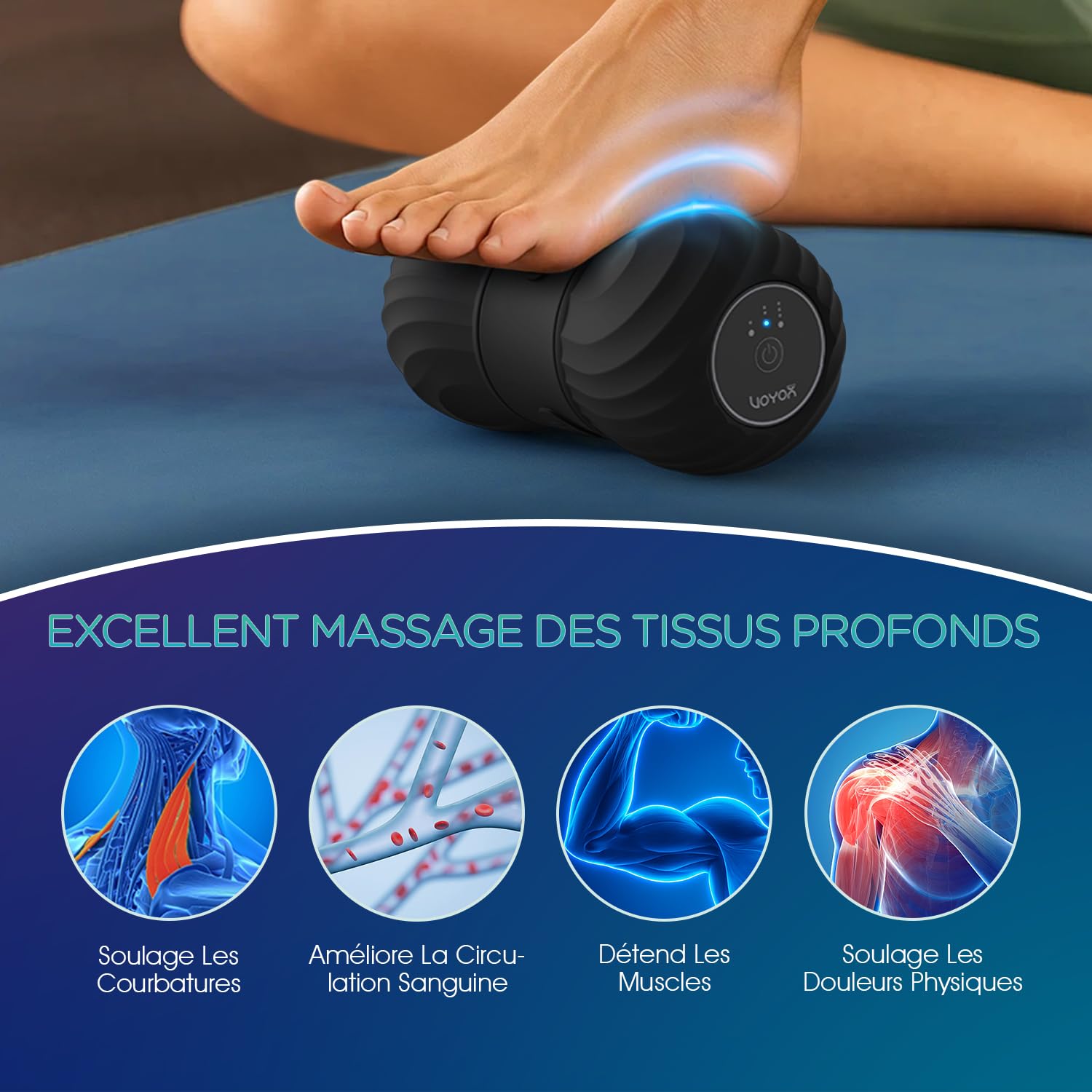 VOYOR-HEALTH Vibrant D'arachide Boule de Massage, Rouleau Silicone Électrique Rechargeable avec 4 Modes, Pour le Yoga, le Fitness, la Relaxation Musculaire du Corps, Ergonomique Portable MB300, Noir
