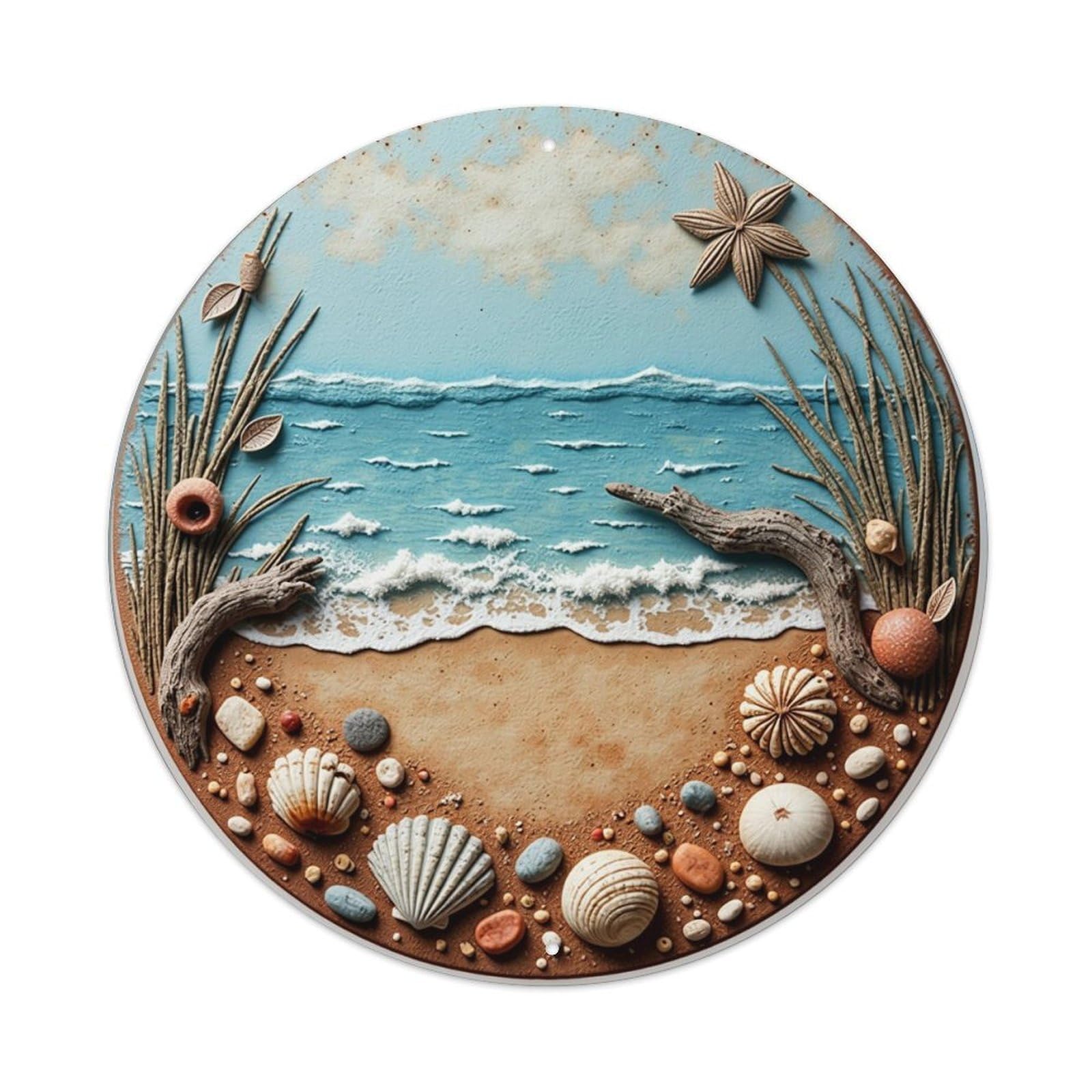 Beach Scene With Seashells And Waves Metal Tin Sign Plaque
