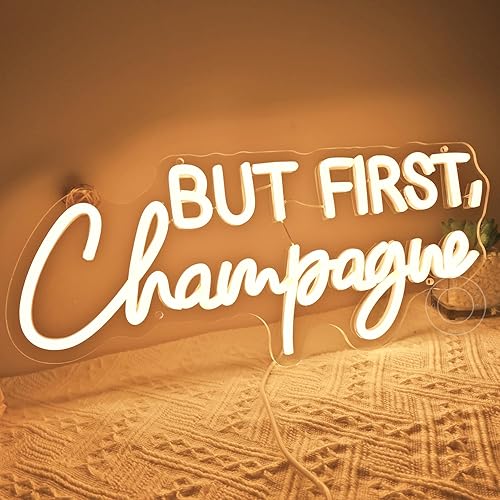 Miniatura 6 de SYLHOME Letrero de luz LED de neón con texto en inglés But First Champagne para el hogar, bar, cocina, hombre, cueva, pub, decoración de boda,