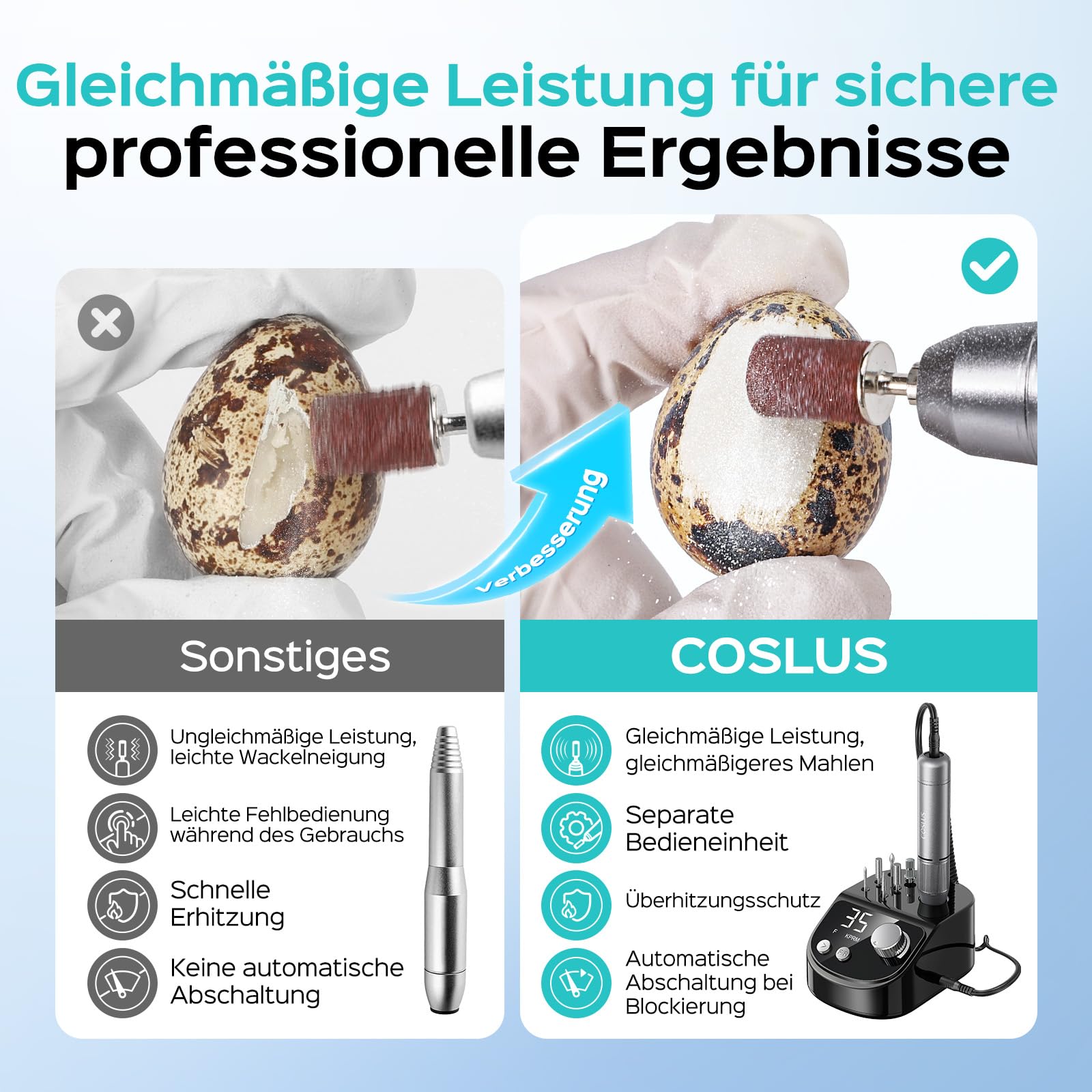 COSLUS E50 Nagelfräser Professionell Set 35000 U/min: Nagelfräser für Gelnägel Elektrische Nagelfeile Maniküre Pediküre Set mit LCD-Anzeige，6 Bits & 31 Schleifbändern für Salon und Zuhause