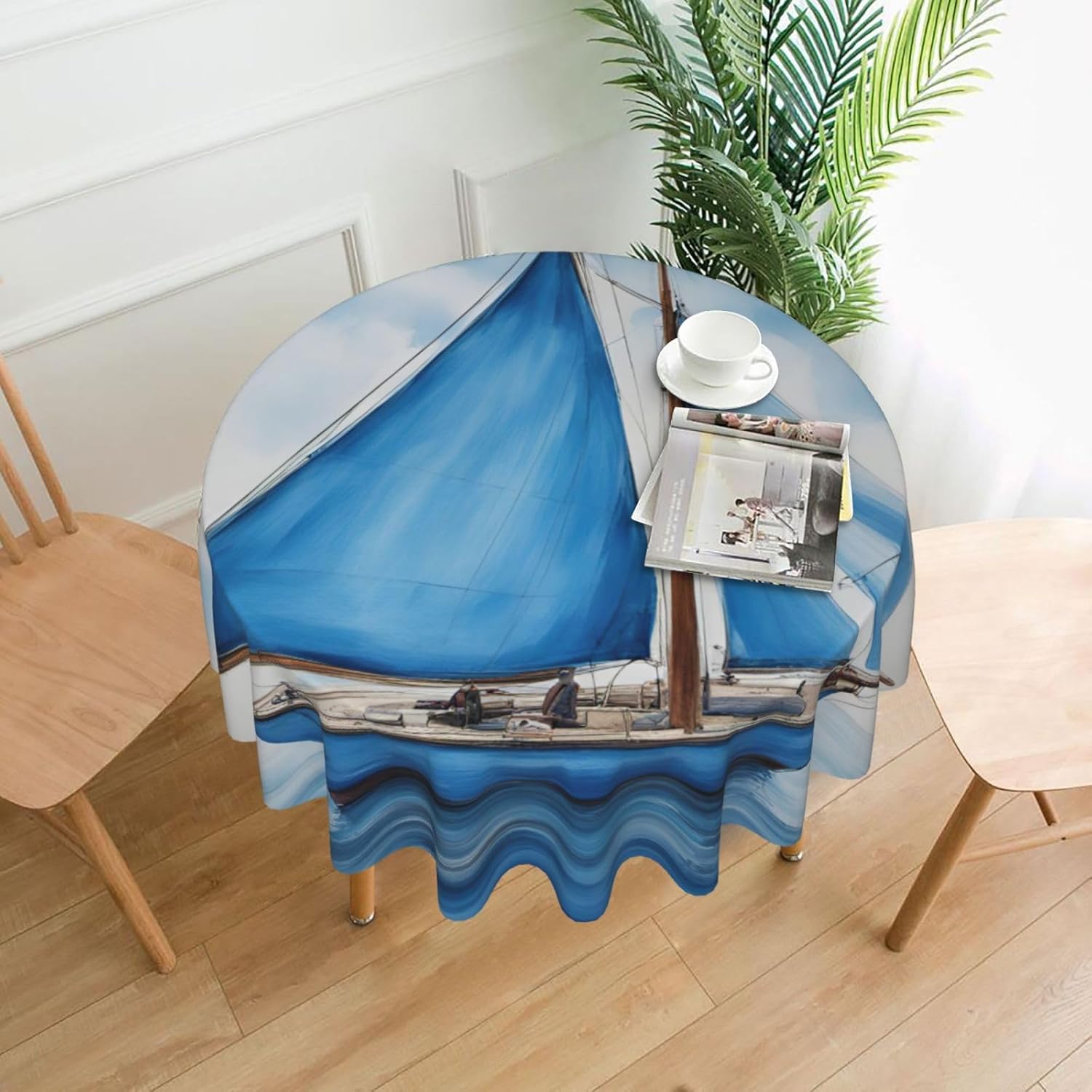 Blue Sailboat Print Wrinkle Free Dining Table Cover for Birthday Party Farmhouse Tablecloths Up to 60 x 60 Inches