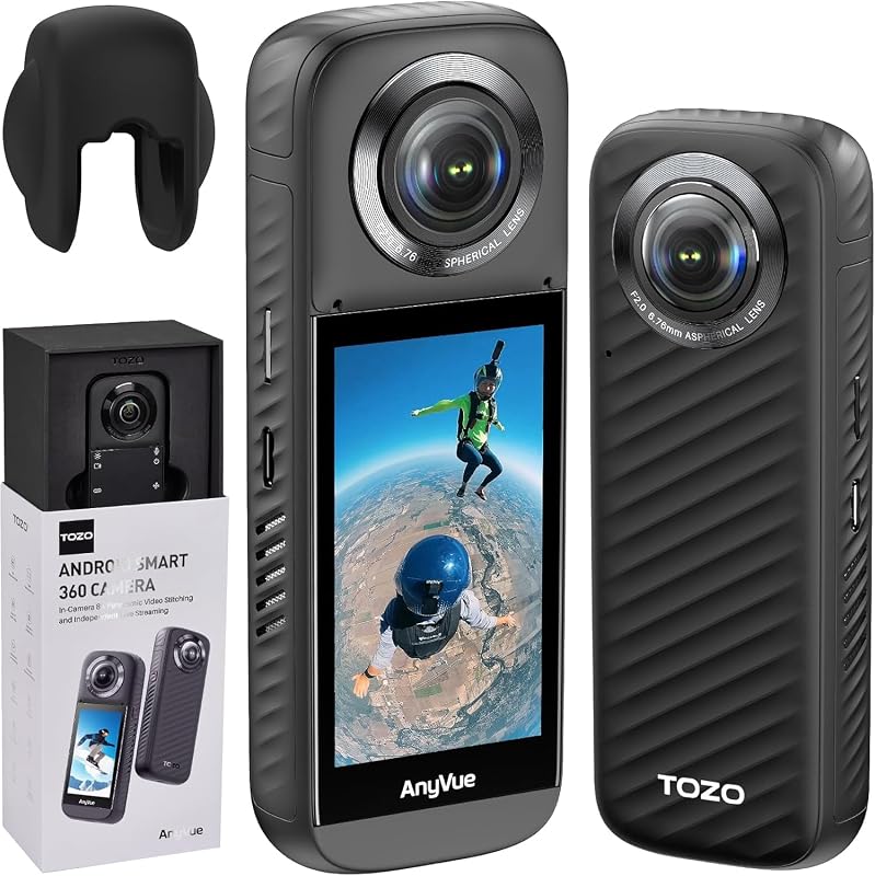 Cámara de acción AnyVue Android Smart 360 con CMOS de 1/2" 4800W, vídeo 5.7K 360, foto 12K 360, cámara de acción de seguimiento inteligente con aplicación de edición, GPS incorporado, transmisión en vivo 4K, pantalla táctil de 3.0"