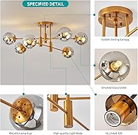 Vista 6 de Lámpara de araña de 6 luces dorada con cubierta esférica de vidrio Sputnik, lámpara de techo de 34" de gran tamaño para comedor, lámparas de araña