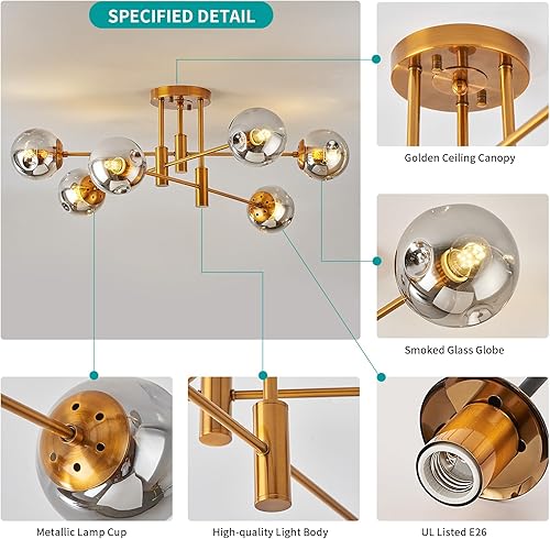 Miniatura 6 de Lámpara de araña de 6 luces dorada con cubierta esférica de vidrio Sputnik, lámpara de techo de 34" de gran tamaño para comedor, lámparas de araña