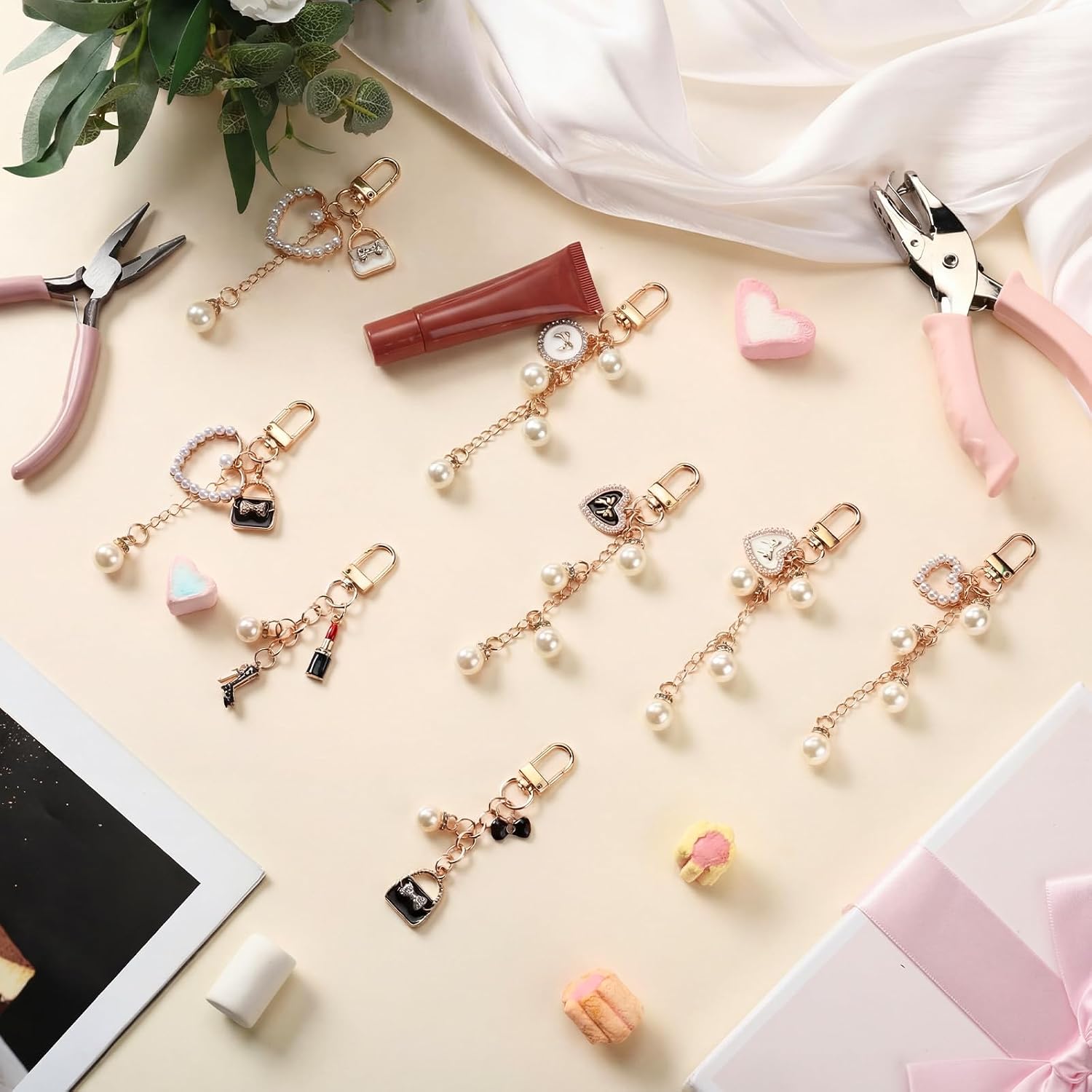 VioraWhite 8 Pcs Lip Gloss Keychain Holder with Charms Lip Balm Keychain Kit Exquisite Charm Jewelry Gift for Key Purse Decor image 3
