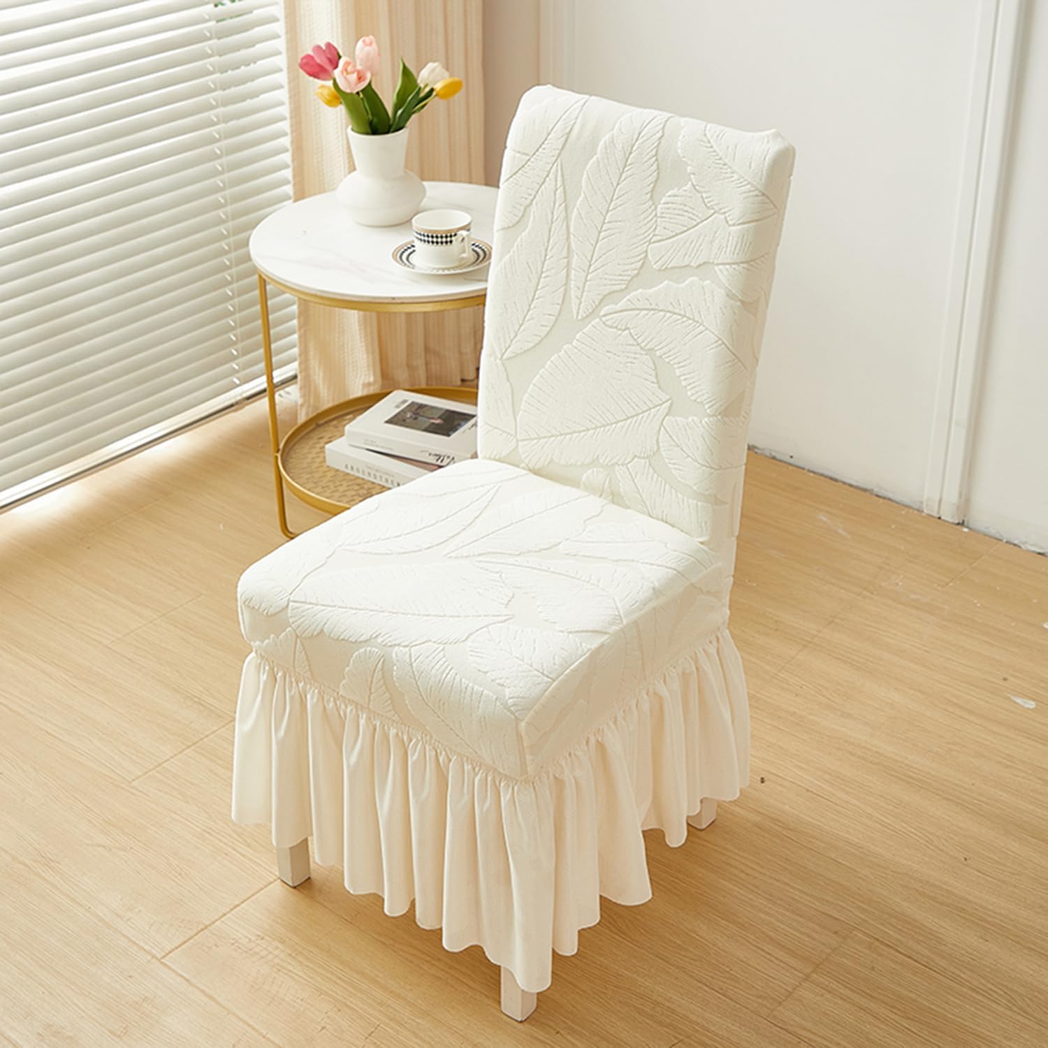 2 Pack Stretch Parsons Chair Covers for Dining Room Universal 3D Jacquard Floral Fabric Chairs Slipcover Removable Washable Chair Protector Cover with Ruffle Skirt for Banquet Decor Beige