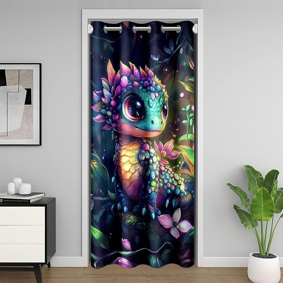 Feelyou Dragon Doorway Curtain Privacy 1 Panel, 52"x80" Dragon Stuff 30%-50% Blackout Insulated Thermal Curtain Wild Life Door Cover Curtain Flower and Grass Window Treatments Balck Green