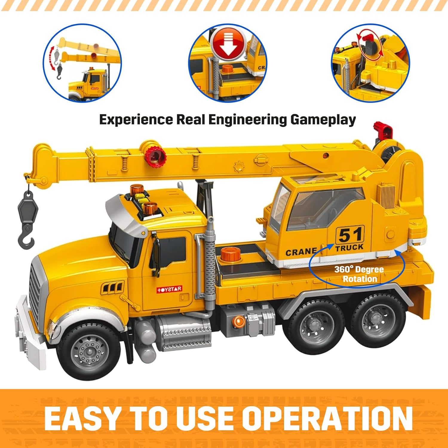 15” Crane Truck Toy with Lights & Sounds, Friction-Powered Engineering Vehicle for Toddlers 3-8 Years Boys Girls | Crane Toys for Kids Age 3-5 4-7, Ideal Christmas Birthday Gifts