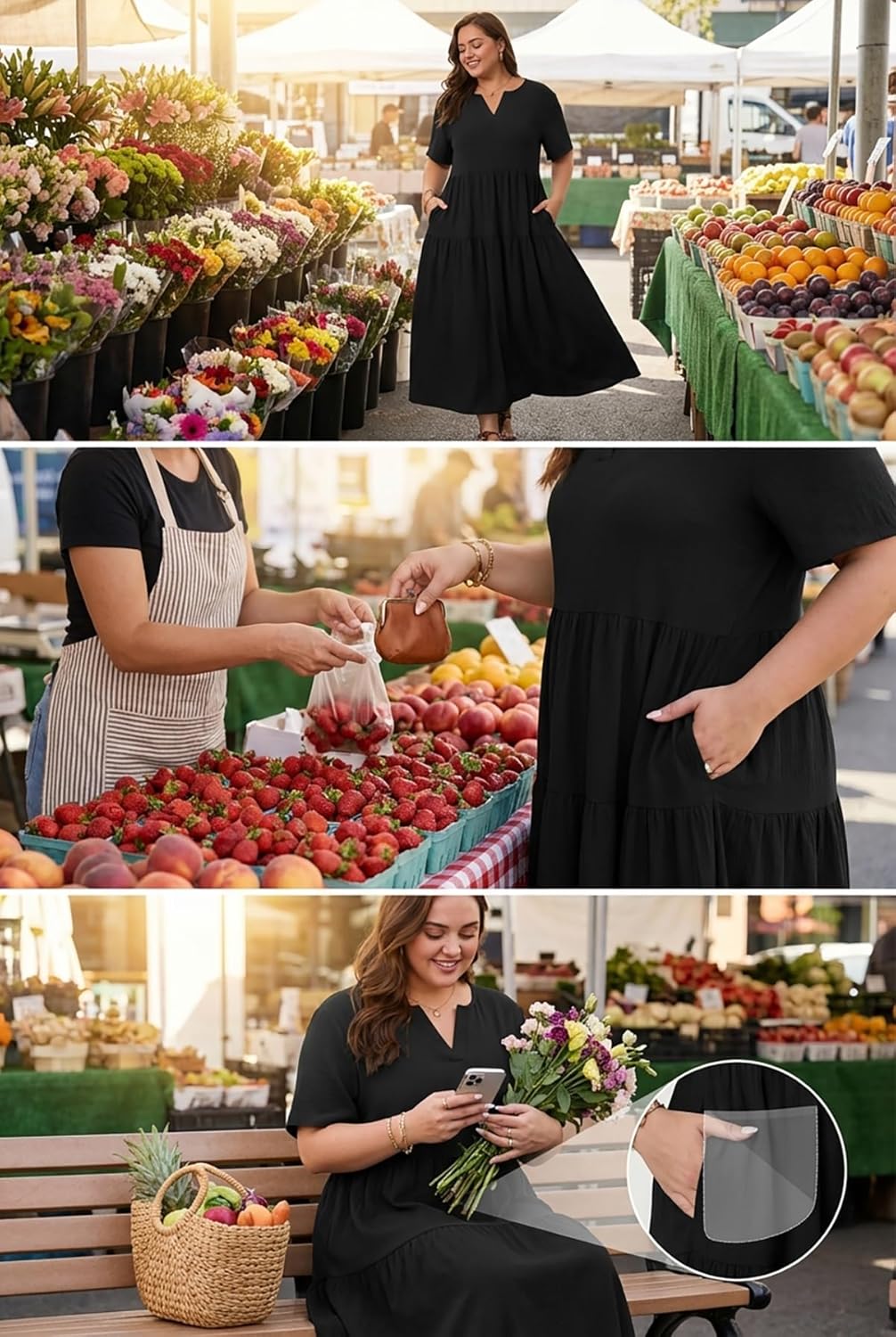 OLRIK Plus Size Maxi Dresses for Curvy Women - Flowy Boho Summer Dress with Pockets, V-Neck Short Sleeve for Beach Vacation - Image 2