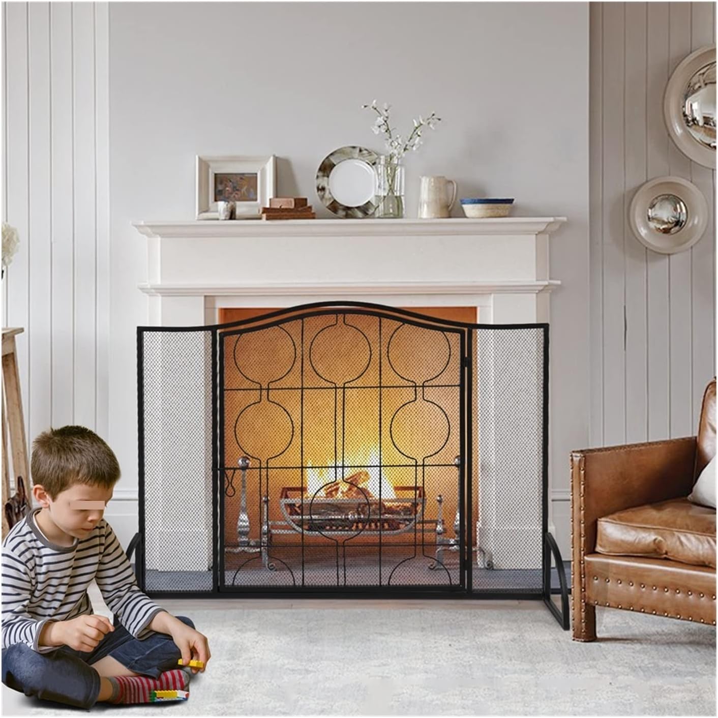 3-Panel Iron Fireplace Screen - Black Metal Decorative Spark Guard Gate for Indoor/Outdoor Use, Fire Safety Tool, Stylish Home Decor Accessory