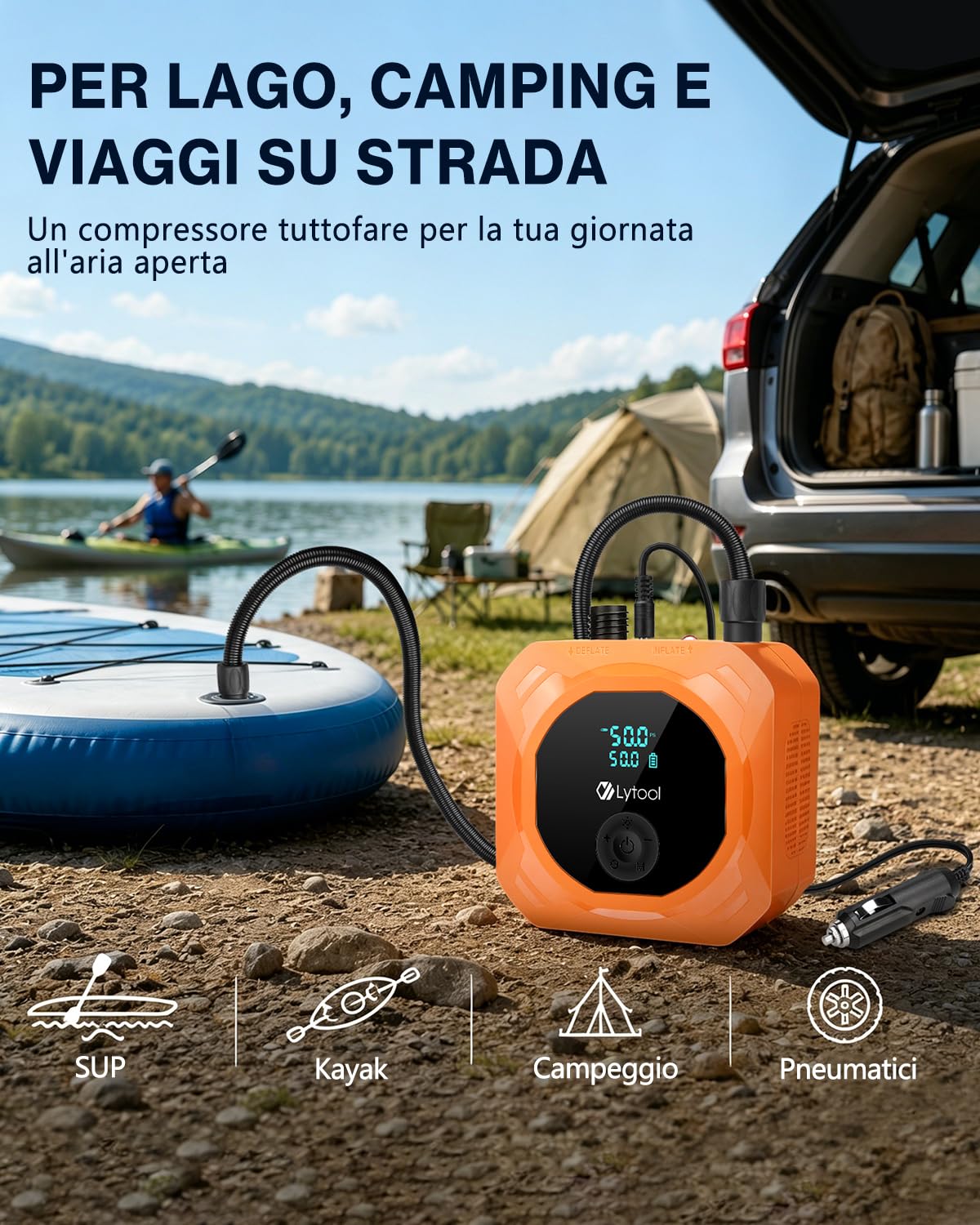 Lytool Pompa SUP Elettrica 50 PSI Alta Pressione,Gonfiatore Paddle 12V DC,Gonfiaggio e Sgonfiaggio Automatico a 3 Stadi,Arresto Automatico,Cavo Accendisigari 3M per Kayak,Materasso,Bici, Moto, Auto