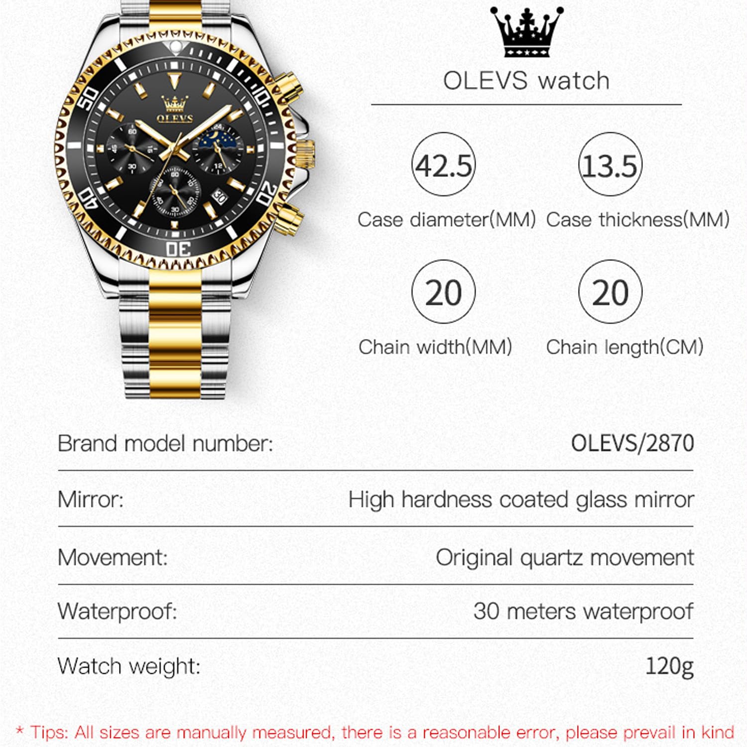 OLEVS Reloj para Hombre, Resistente al Agua, Reloj de Pulsera de Lujo de Acero Inoxidable de Dos Tonos con Fecha de día, Reloj de Cuarzo clásico Deportivo clásico de Moda