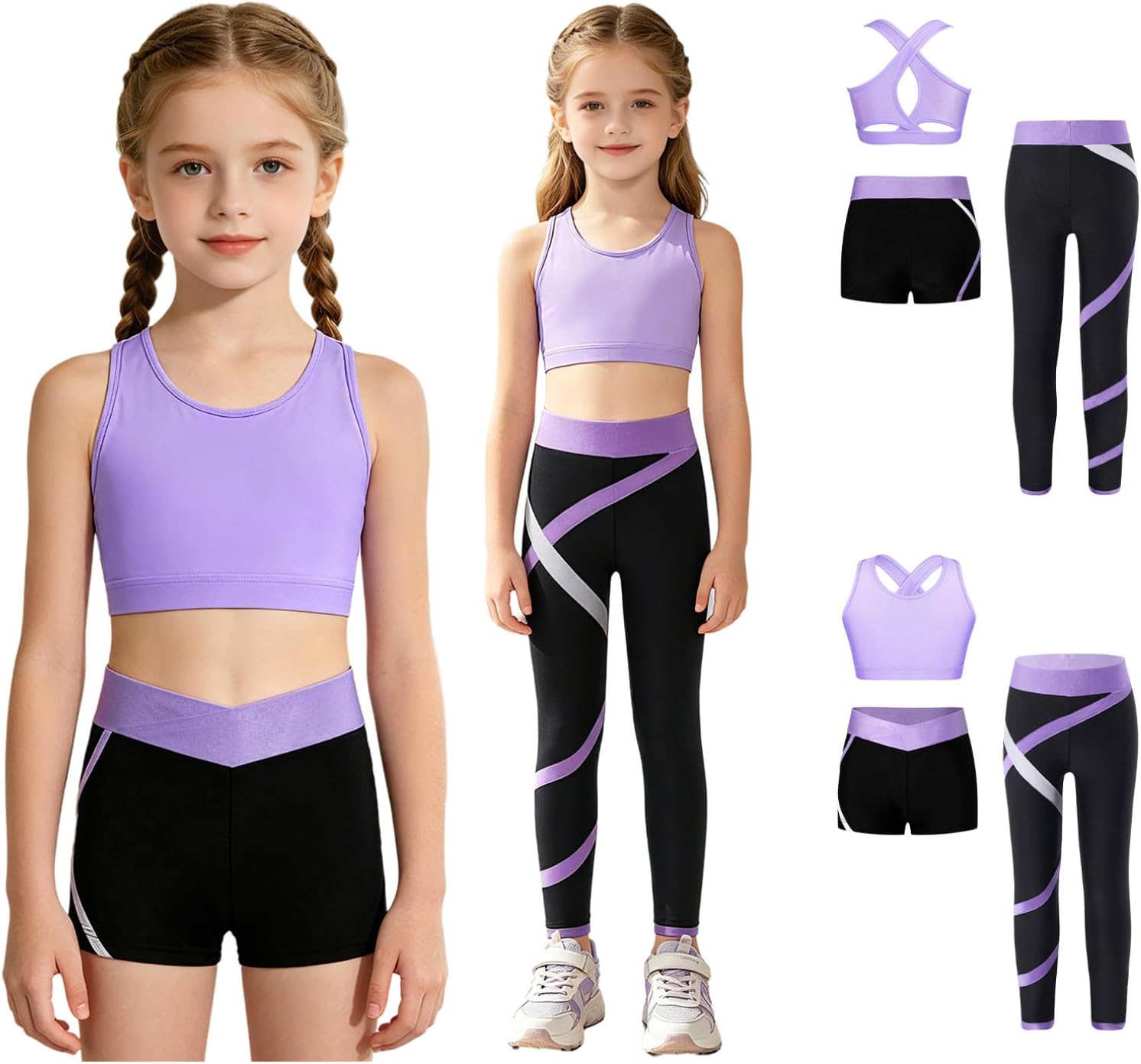 Agoky Kids Girls 3pcs Gymnastic Outfit Dance Sports Outfits Crop Tops with Booty Shorts And Athletic Leggings Tracksuit Lavender 14 Years