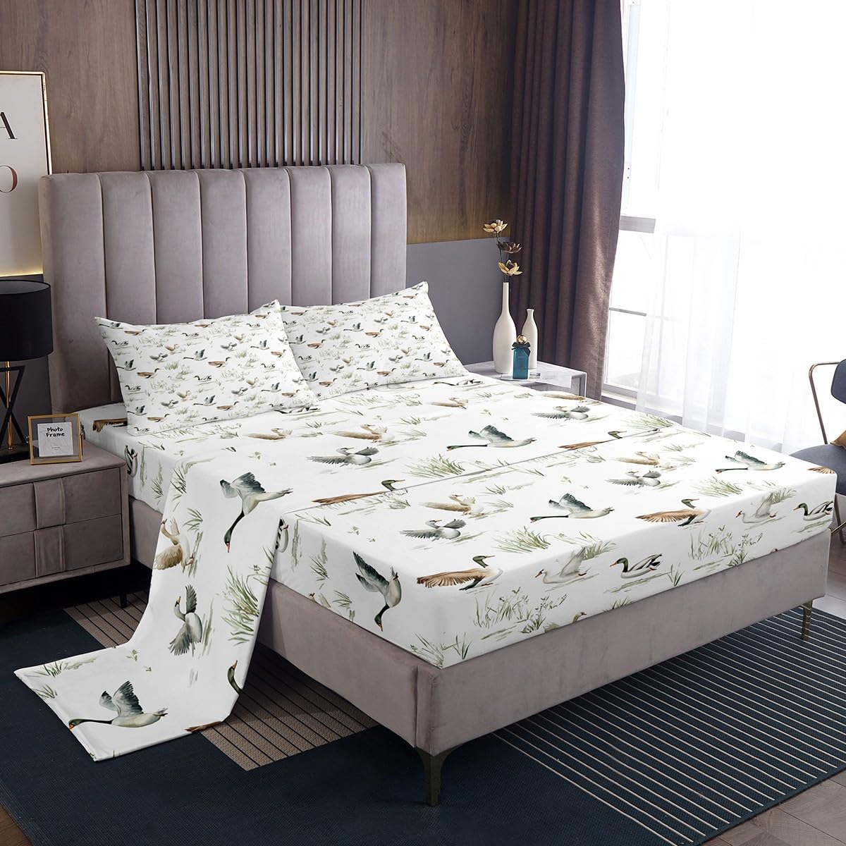 Homewish Woodland Mallard Duck - Juego de sábanas para cama doble, juego de sábanas de caza y pesca de ganso para niños y niñas, juego de ropa de cama rústica, 4 piezas
