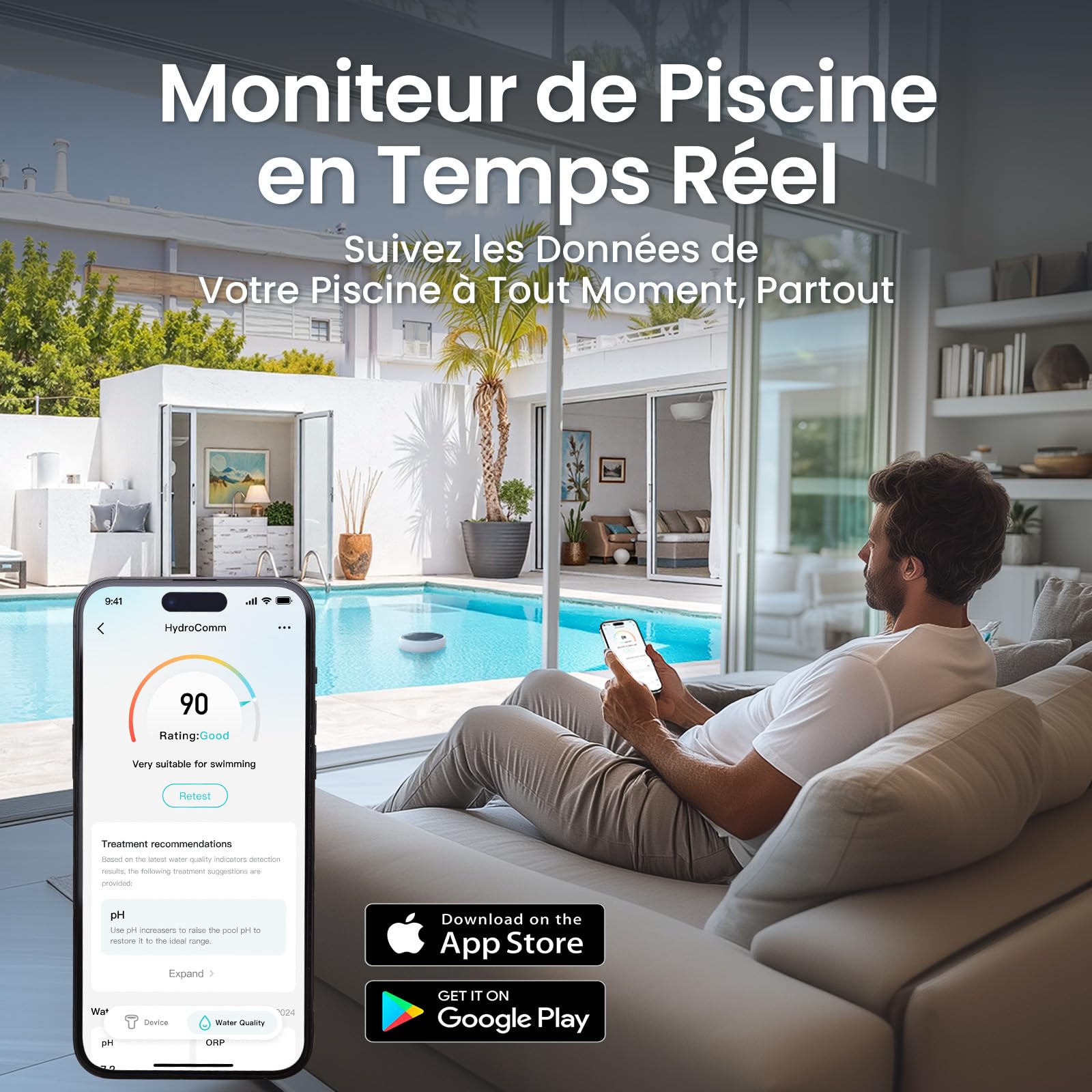 AIPER HydroComm Analyseur d'eau de Piscine Connecté, 5-en-1 Testeur pH, ORP, EC, TDS & Température, Surveillance Numérique 24/7, Application Mobile avec Conseils Personnalisés, Solaire + Batterie