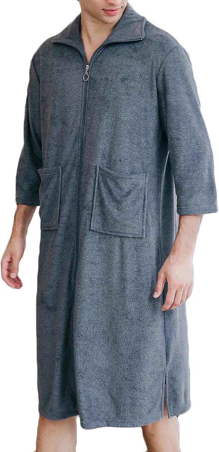Mens Full Zipper Lapel Robe, Plush Fleece Bathrobes for Men Long Cozy Warm Spa Robe with Pockets Sleepwear Homewear
