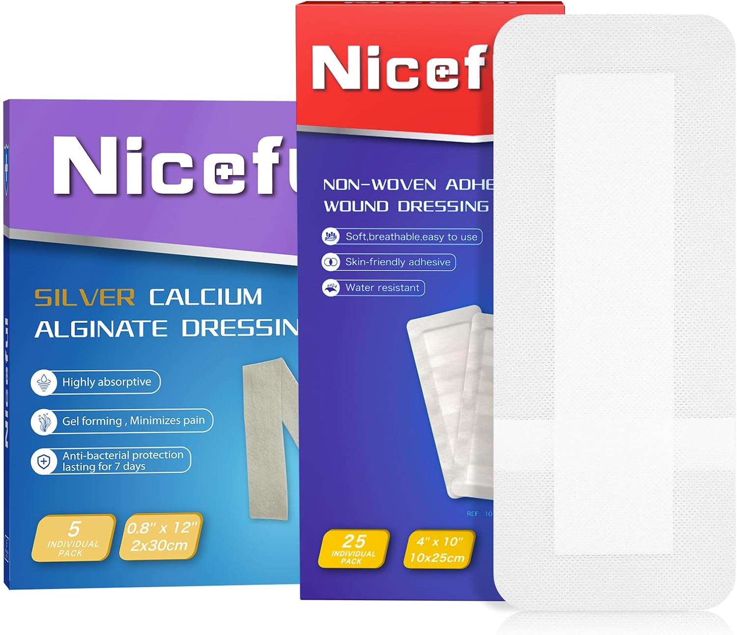Niceful 25 Pcs Island Dressing 4"x10", 5 Pcs Silver Calcium Alginate Dressing 0.8"x12", Highly Absorbent Wound Dressing Cavity Wound Healing Moist Healing Surgical Bandages