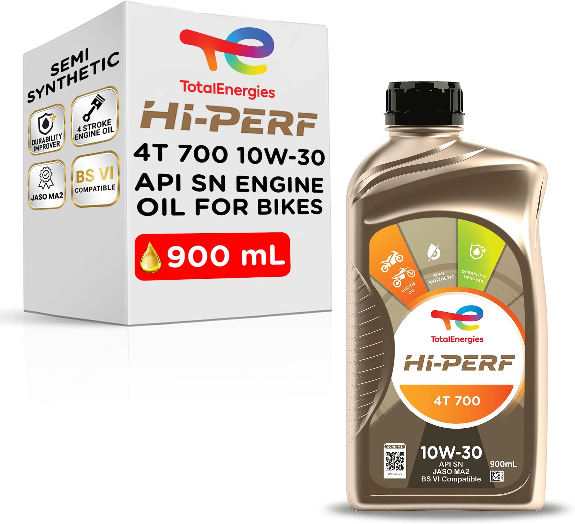 Hi-Perf 4T 700 10W-30 | API SN, JASO MA2 | 4-Stroke Semi Synthetic Engine Oil for Bikes - 0.9L