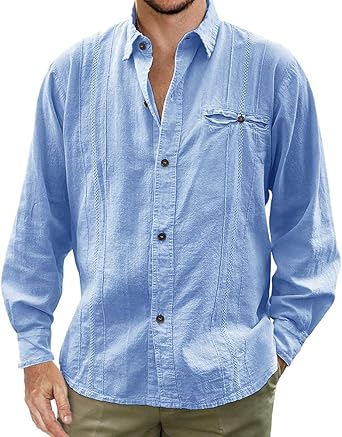 Amazon Com Camisa De Manga Larga Para Hombre De Guayabera De Lino Cubano Con Botones Y Cuello M Ropa Zapatos Y Joyeria