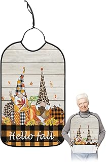 BOBOWUNY Hello Fall Adult Bibs for Elder Women Men Eating, Rustic Gnomes Pumpkin Orange Plaid Waterproof & Washable Bibs for Eating Clothing Protector Dining Bibs for Crumb Catcher