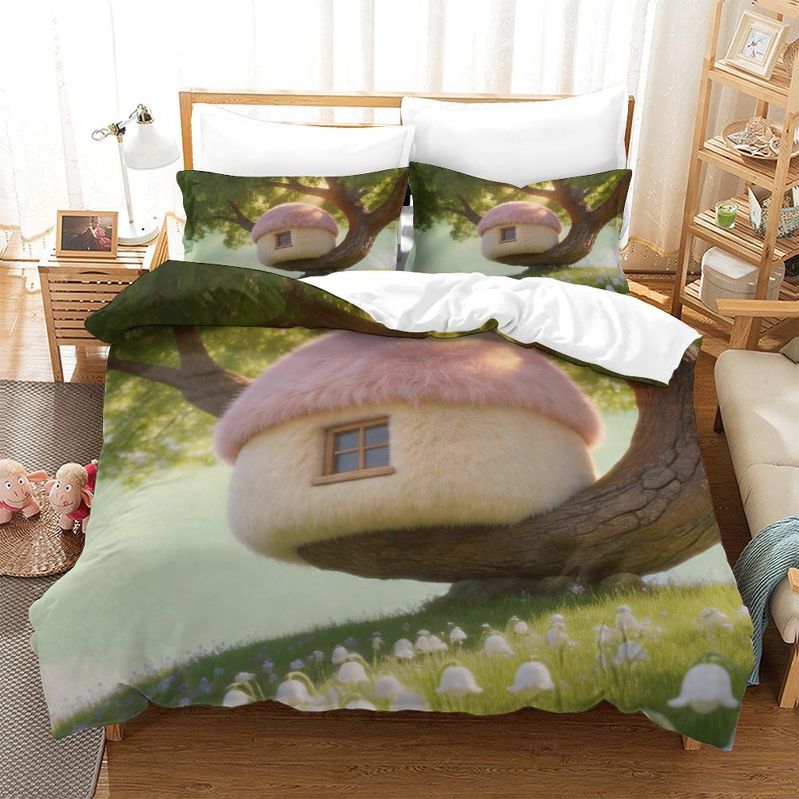 Housse de couette forêt enchantée 3D parure lit double champignon microfibre douce respirante