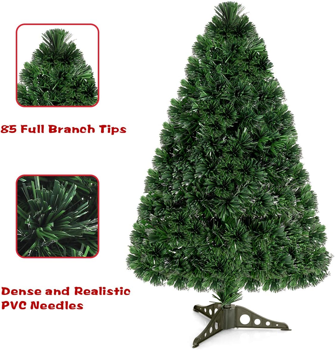 Goplus 3FT Pre-Lit Fiber Optic Christmas Tree, Premium Artificial PVC Xmas Tree with Metal Stand, for Indoor Holiday Decor