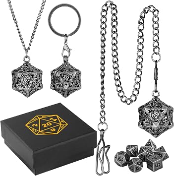 Keller & Weber Taşınabilir Anahtarlık Kolye Cep Zinciri Hollow D20 Metal Kasa ile Mini DND Zar Seti, Küçük 7 adet Çok Yüzlü Metal D D Zar Seti, Hediye Kutusu ile DND Hediyeleri, Rol Yapma Masa Oyunları