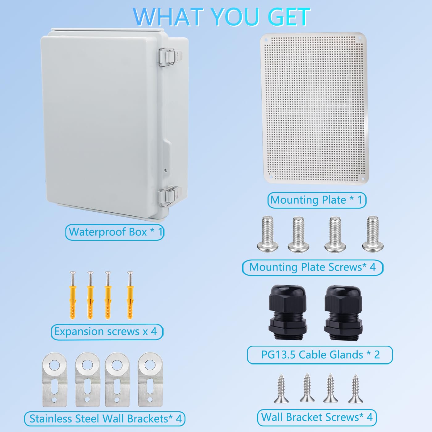 IP67 Waterproof Junction Box, ABS Plastic Electrical Enclosure with Stainless Steel Latch, Hinged Cover Electric Box with Mounting Plate, Wall Brackets & Cable Glands 370x270x150