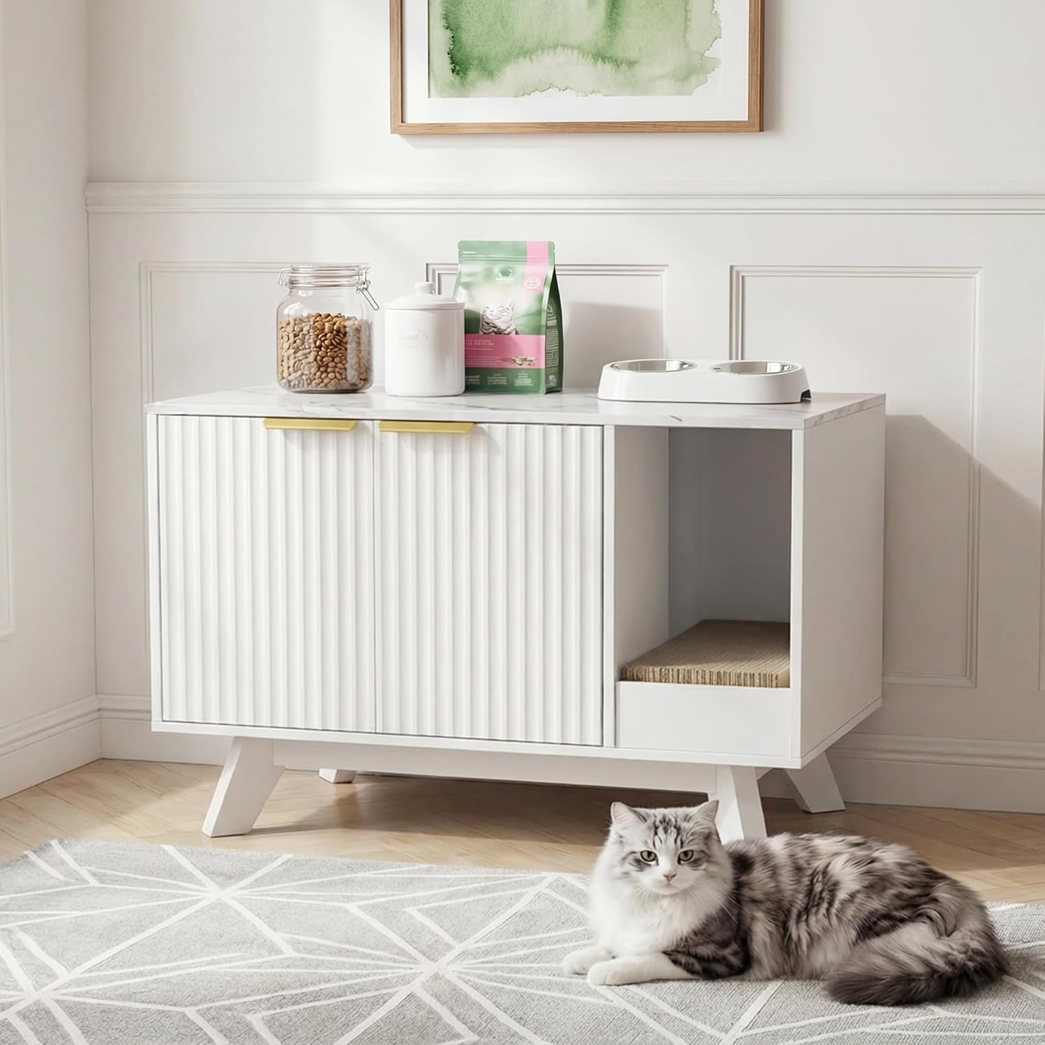 Seang Cat Litter Box Enclosure with Litter Collector,Fluted Hidden Litter Box Furniture with Scratch Pad,31" Wooden Cat Cabinet,Cat House,TV Stand,Side Table for Living Room,White