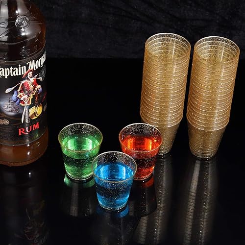 Miniatura 6 de WELLIFE Paquete de 200 vasos de chupito de plástico con purpurina dorada vasos desechables de 1 onza vasos de plástico duro de alta calidad