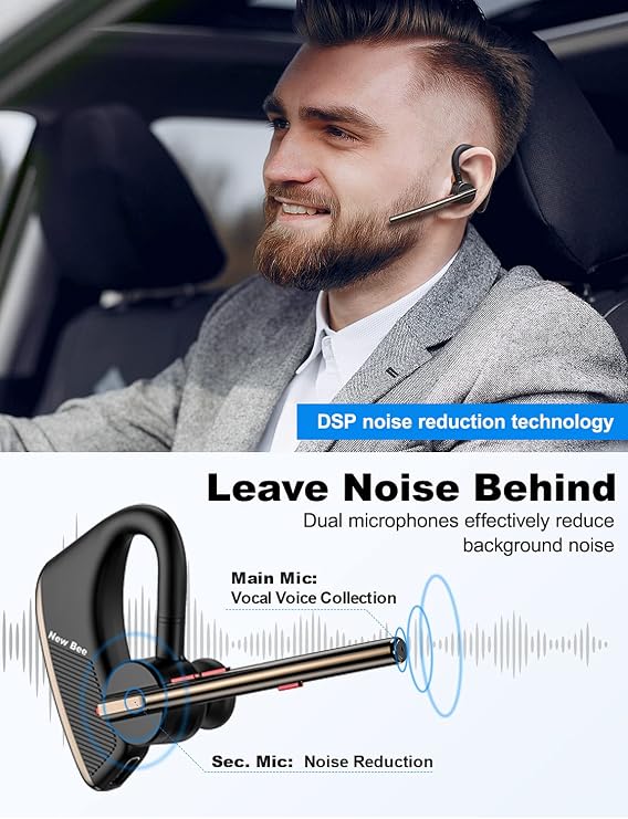 New Bee Bluetooth Headset Handsfree Bluetooth Earpiece V5.2, Gunmetal