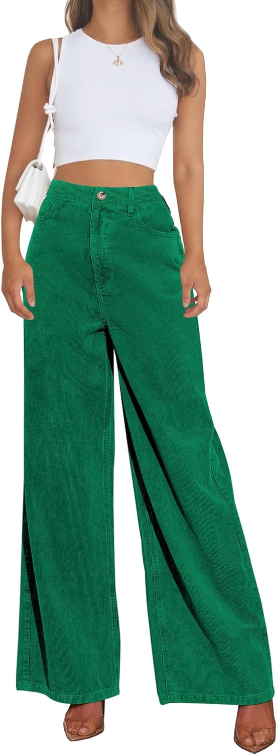 Corduroy High Waisted Wide Leg Pants for Women Dress Pants,Elastic Waist Casual Corduroy Straight Trousers - Image 2