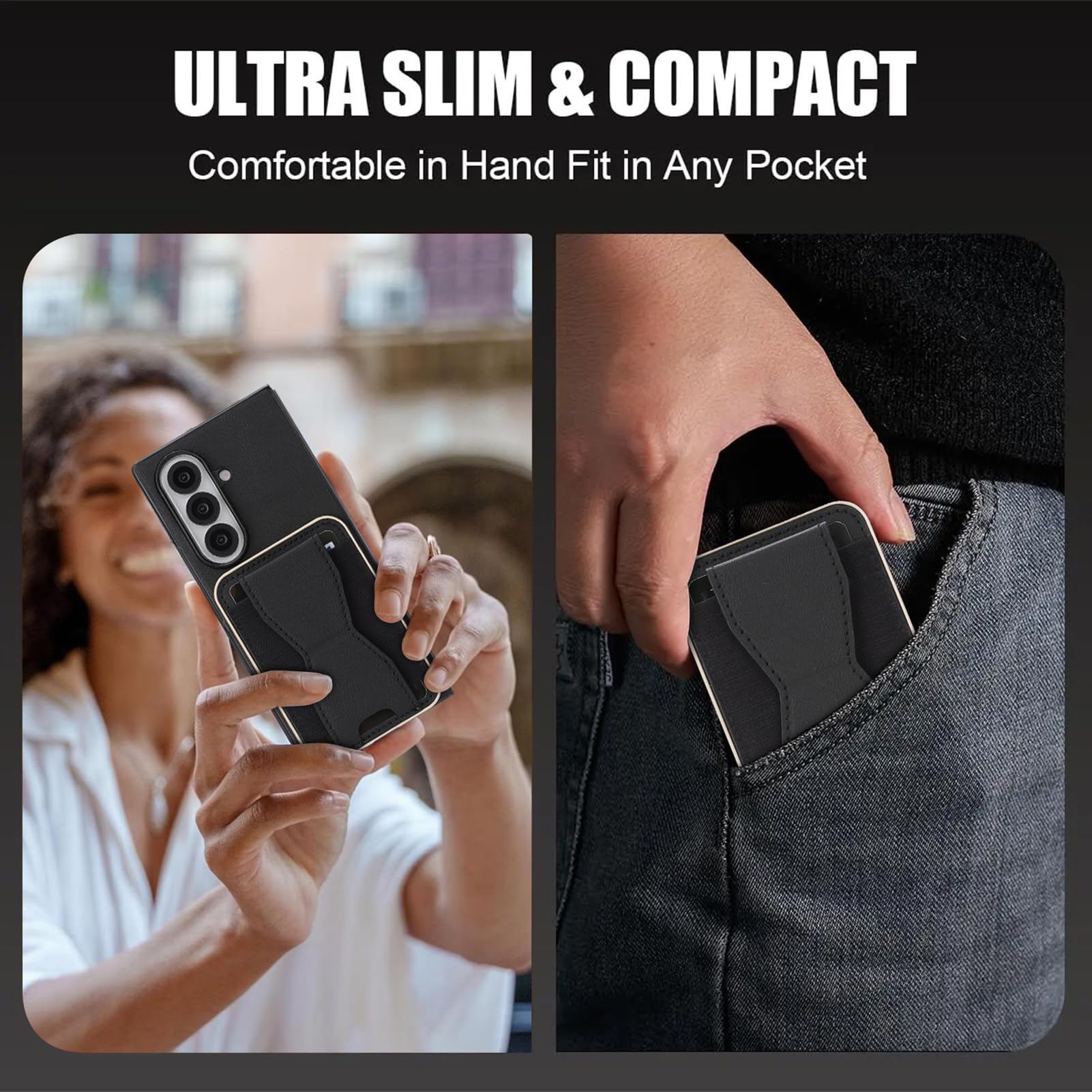 Skórzane etui do Samsung Galaxy Z Fold 8 Ultra, bezprzewodowe gniazdo na karty ładujące, zdejmowany i regulowany mini uchwyt, biznesowy styl magnetyczny przyssawka (czarny)