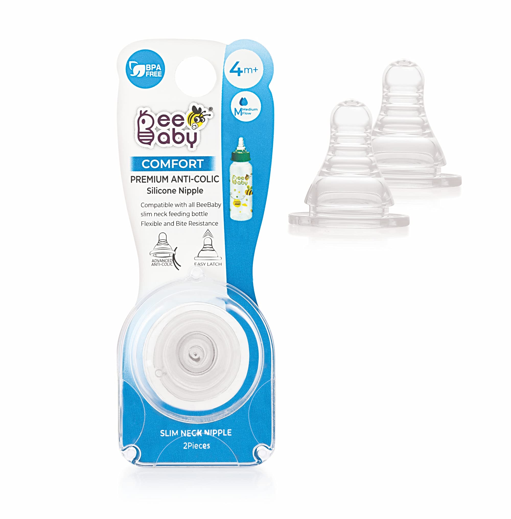 BeeBaby Comfort Anti-Colic Soft Silicone Nipple/Teat with Carry Case for Slim Neck Baby Feeding Bottle. Medium Flow. (M Hole) (Pack of 2) 4M+ |100% BPA Free. | Easy to Latch.